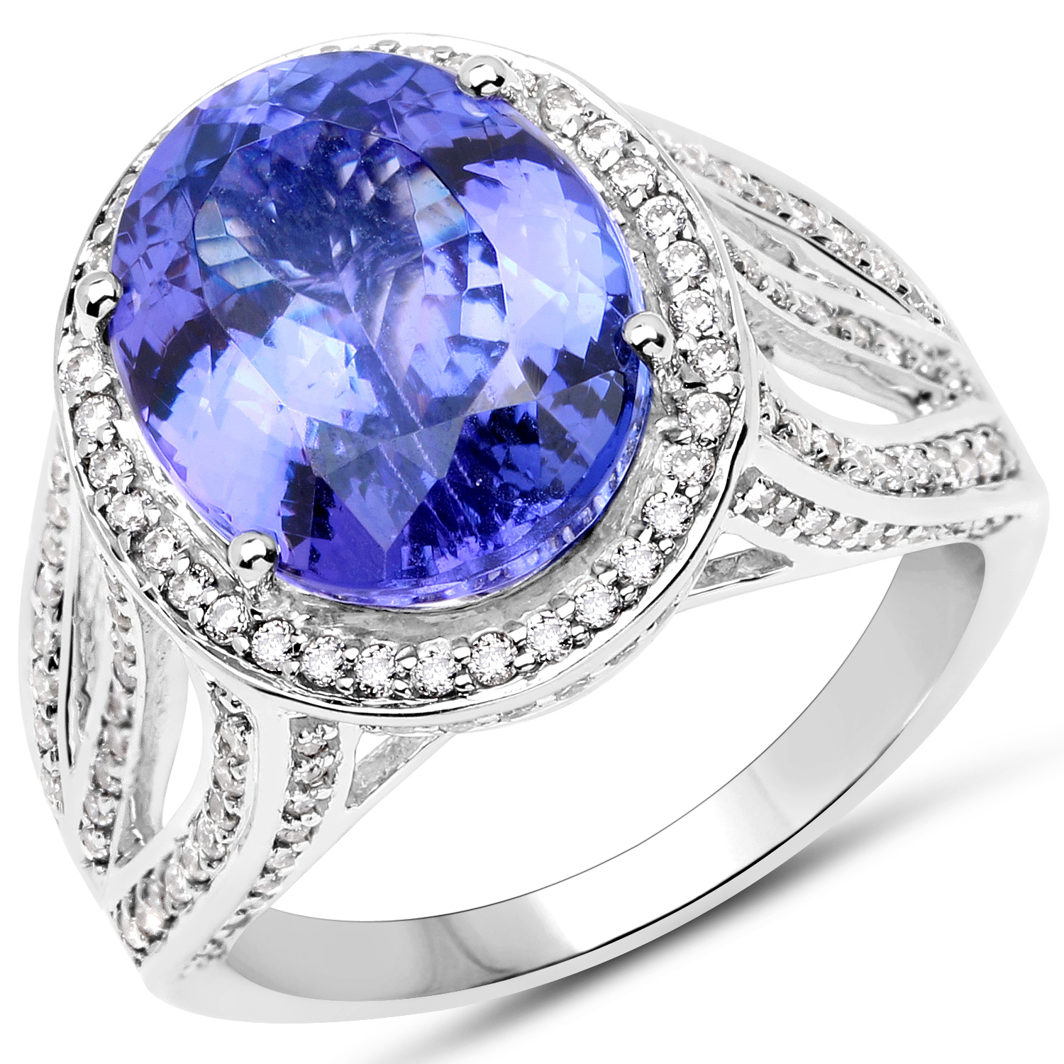 14K White Gold 7.72 Carat Genuine Tanzanite and White Diamond Ring