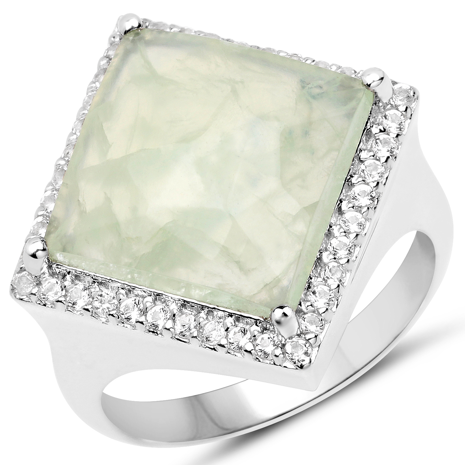 6.39 Carat Genuine Prehnite and White Topaz .925 Sterling Silver Ring