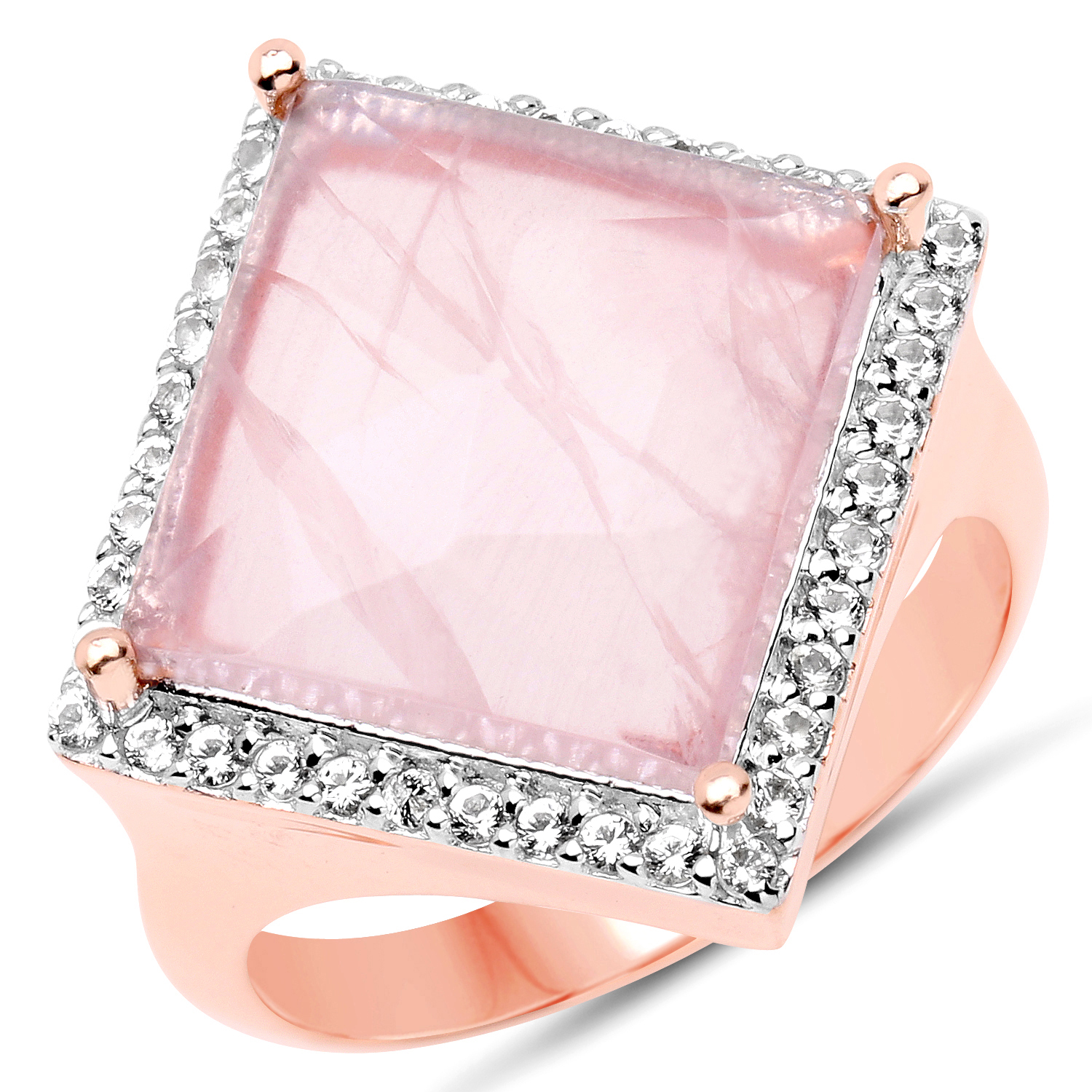 18K Rose Gold Plated 5.44 Carat Genuine Rose Quartz and White Topaz .925 Sterling Silver Ring