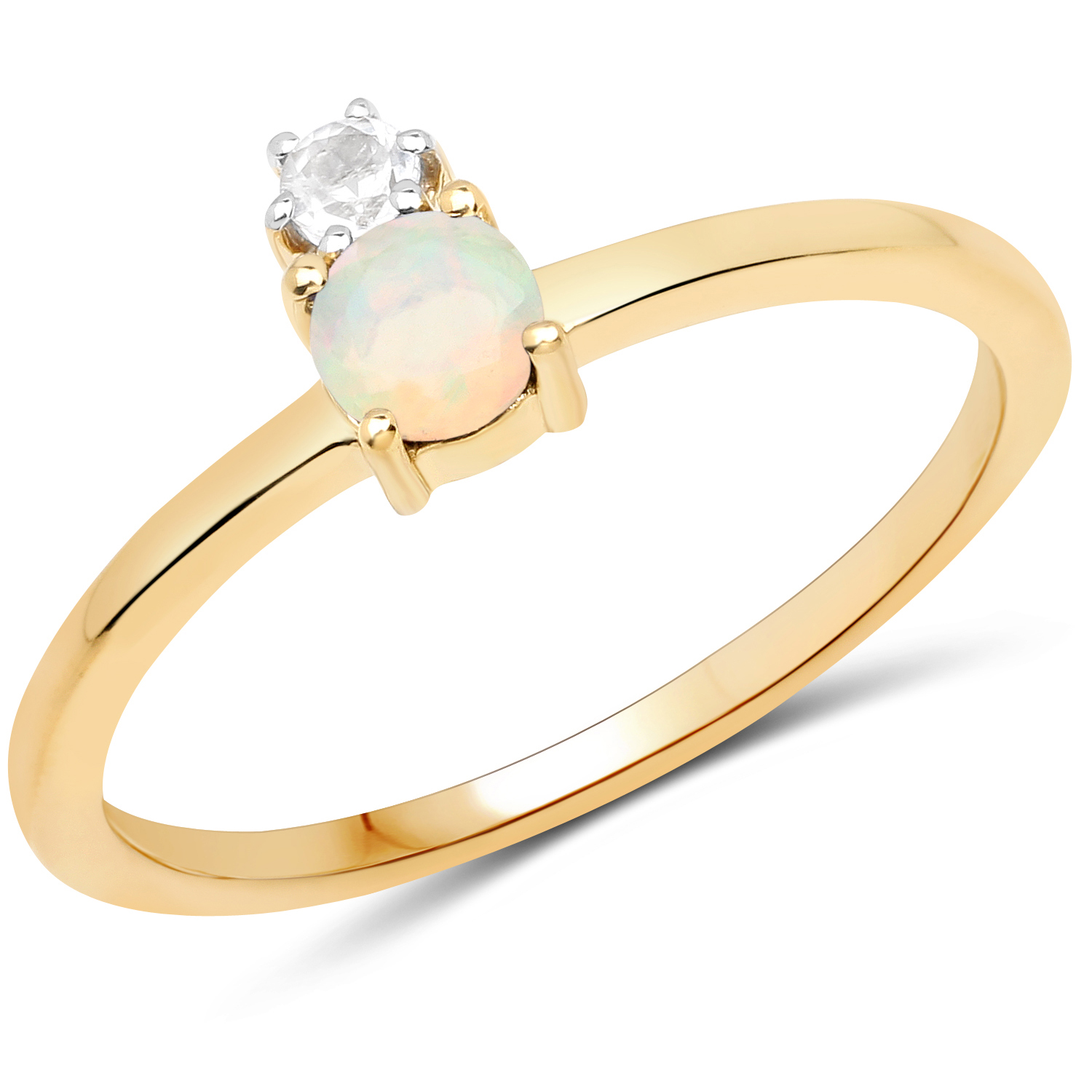 18K Yellow Gold Plated 0.24 Carat Genuine Ethiopian Opal and White Topaz .925 Sterling Silver Ring