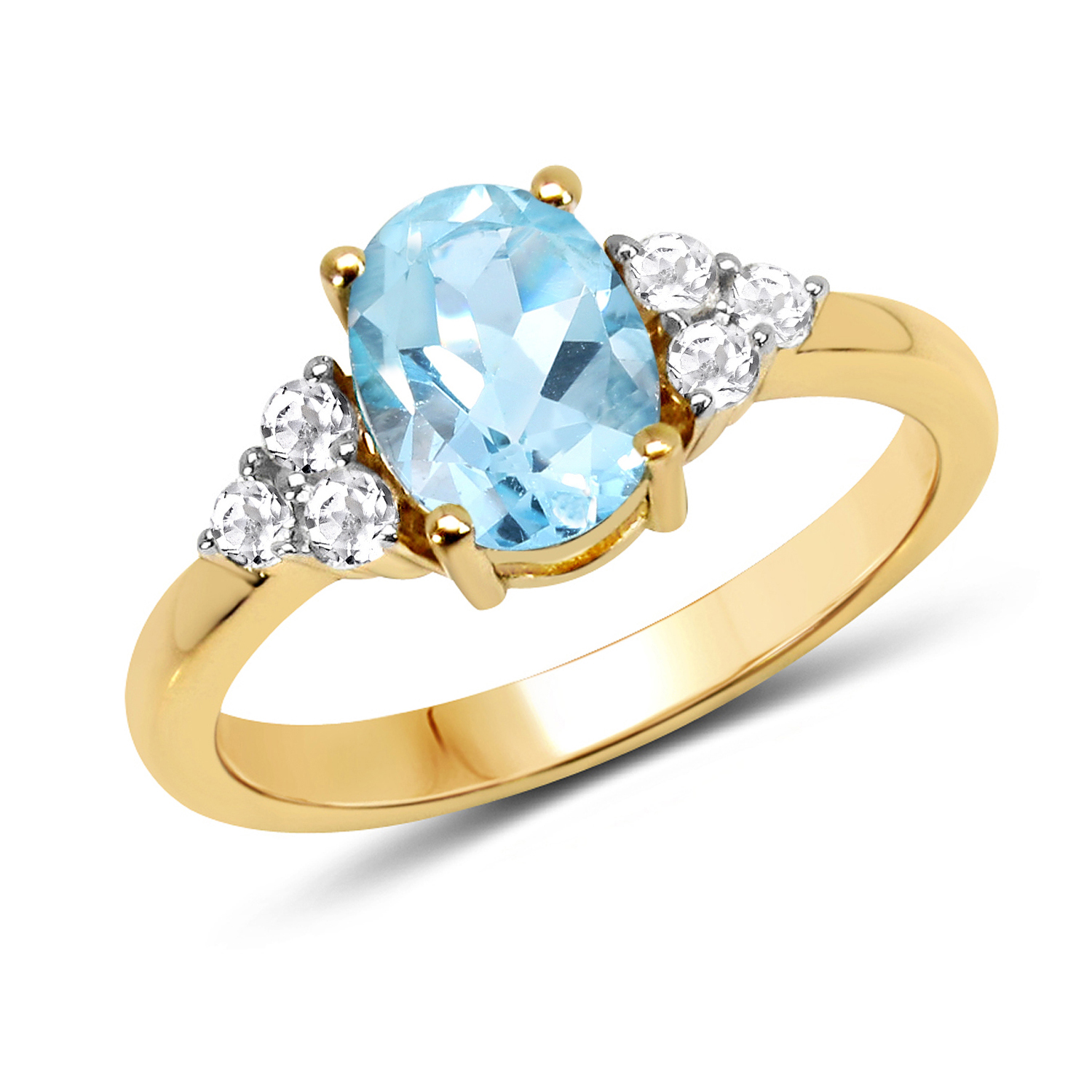 18K Yellow Gold Plated 1.84 Carat Genuine Blue Topaz and White Topaz .925 Sterling Silver Ring