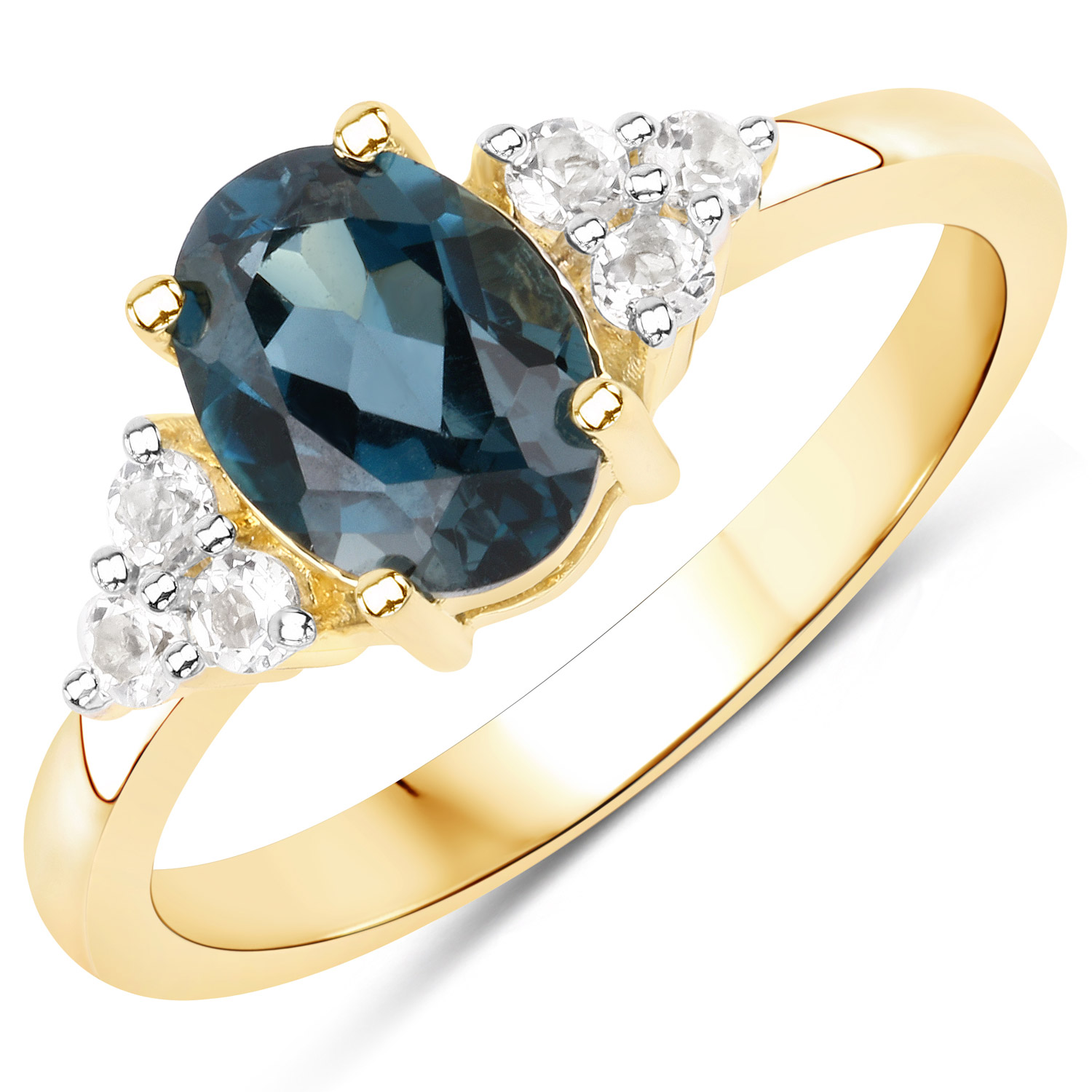 18K Yellow Gold Plated 1.69 Carat Genuine London Blue Topaz and White Topaz .925 Sterling Silver Ring