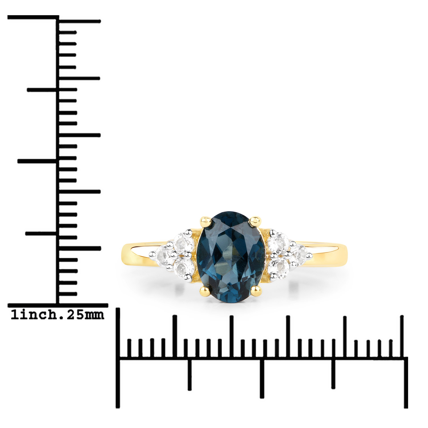 18K Yellow Gold Plated 1.69 Carat Genuine London Blue Topaz and White Topaz .925 Sterling Silver Ring