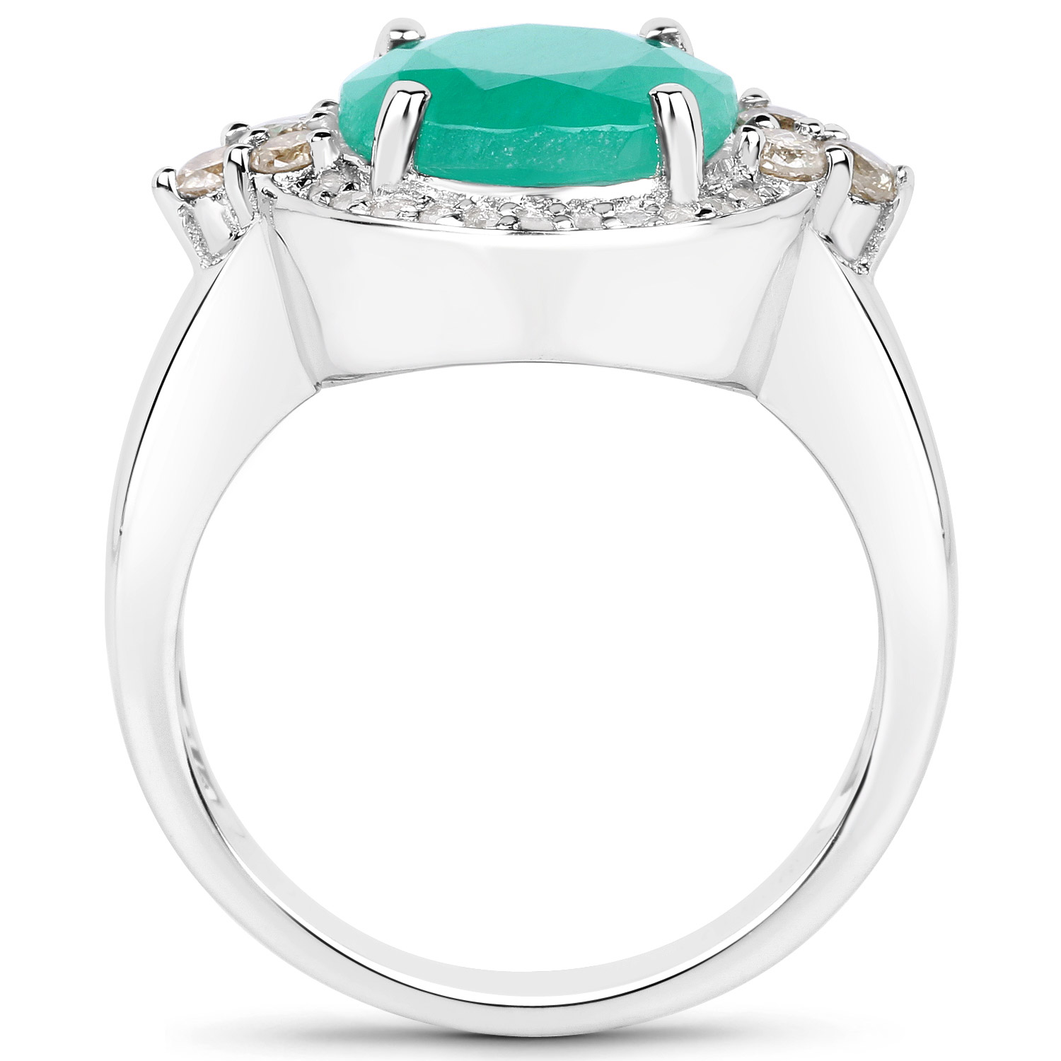 3.51 Carat Genuine Emerald, Champagne Diamond and White Diamond .925 Sterling Silver Ring