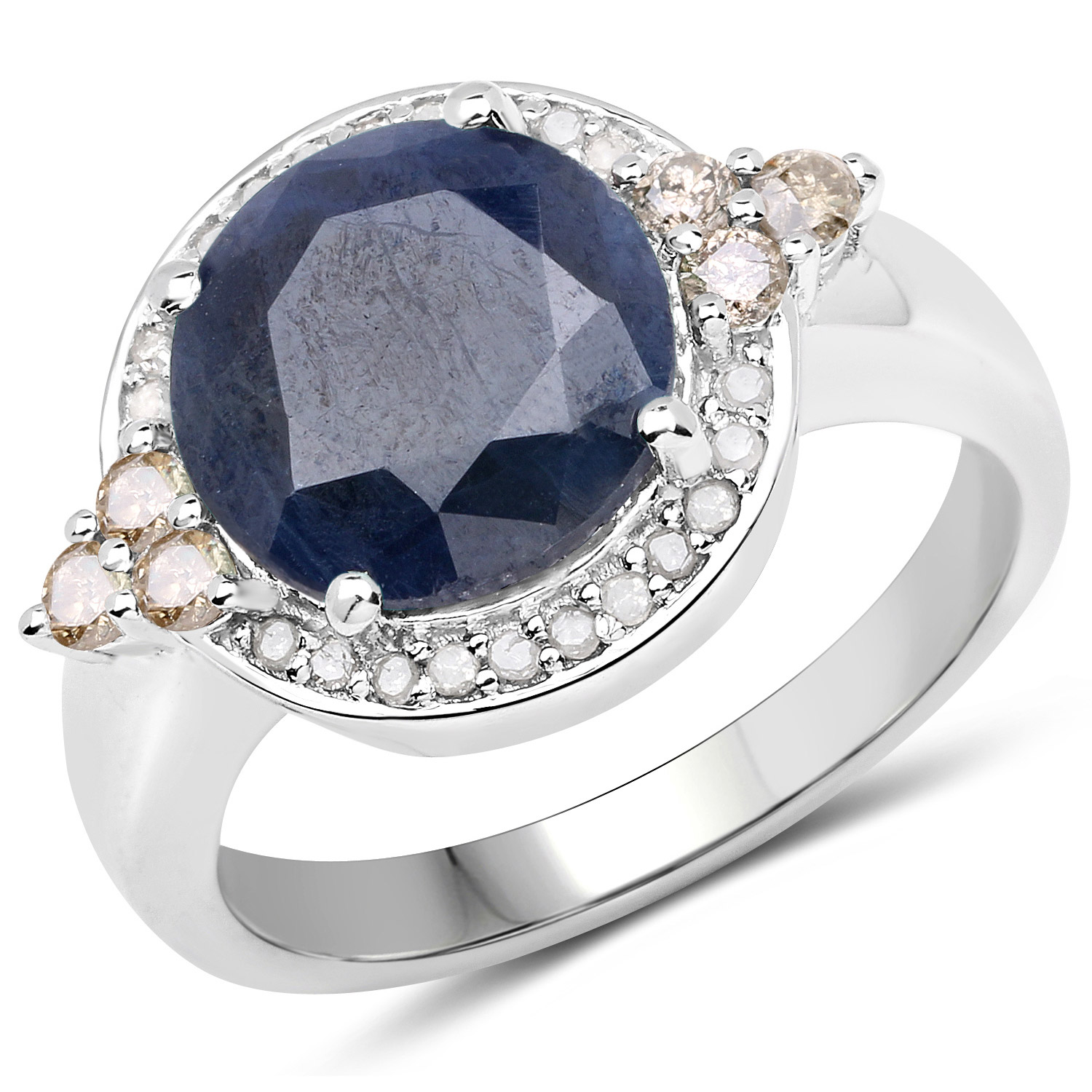 4.10 Carat Genuine Blue Sapphire, Champagne Diamond and White Diamond .925 Sterling Silver Ring