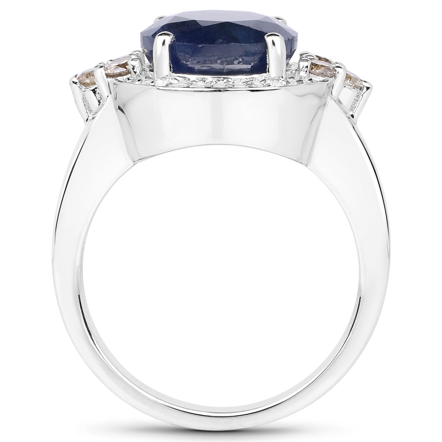 4.10 Carat Genuine Blue Sapphire, Champagne Diamond and White Diamond .925 Sterling Silver Ring