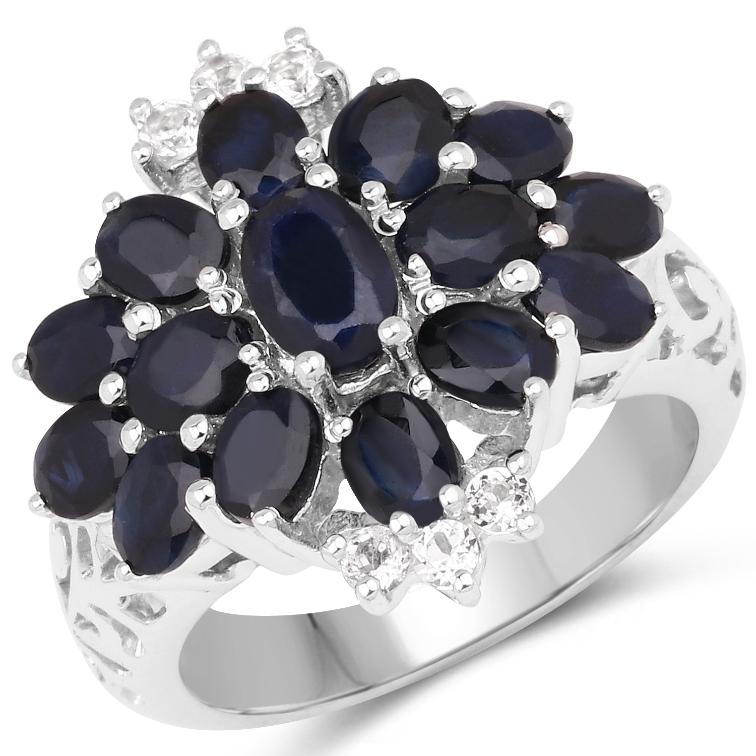 4.52 Carat Genuine Blue Sapphire and White Topaz .925 Sterling Silver Ring