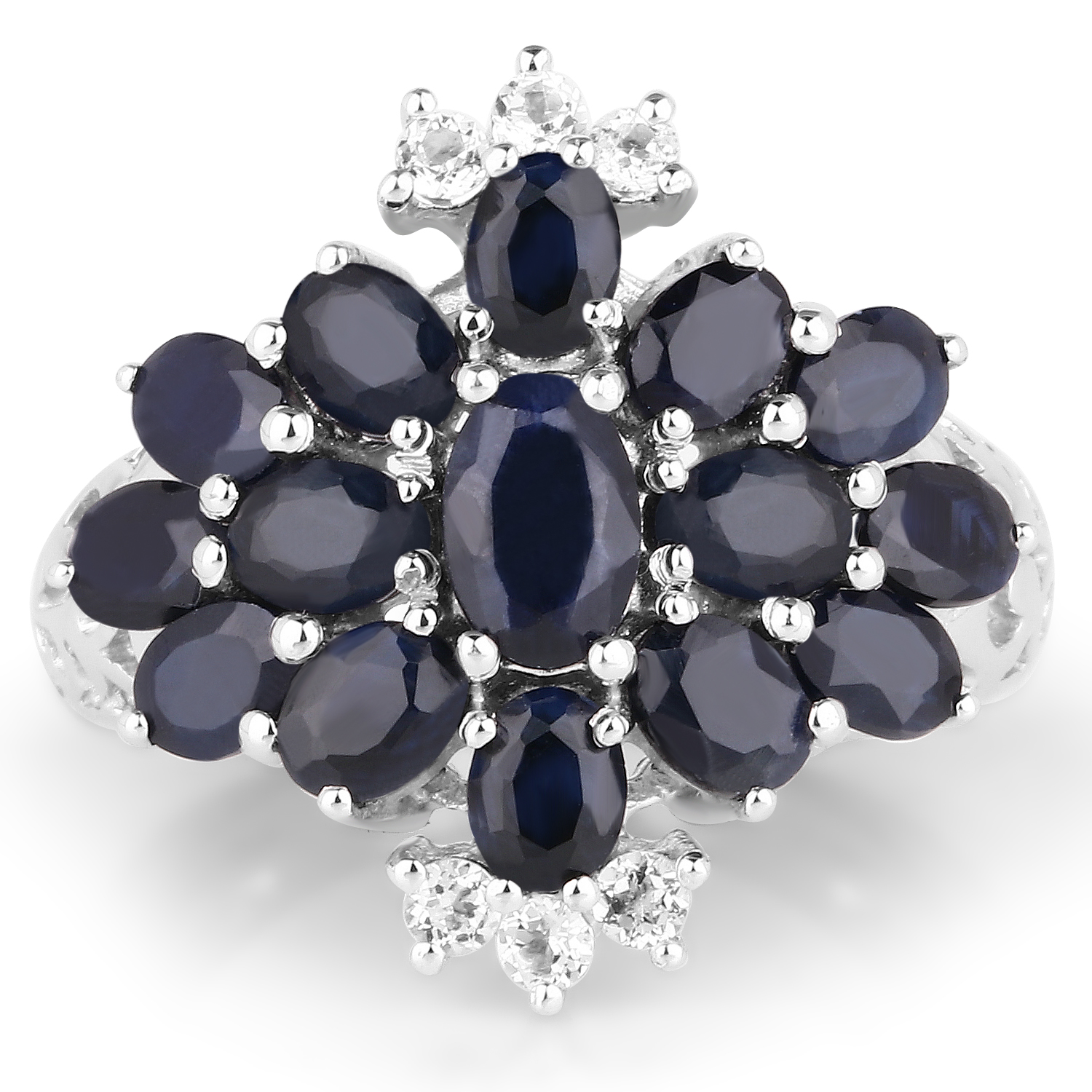 4.52 Carat Genuine Blue Sapphire and White Topaz .925 Sterling Silver Ring