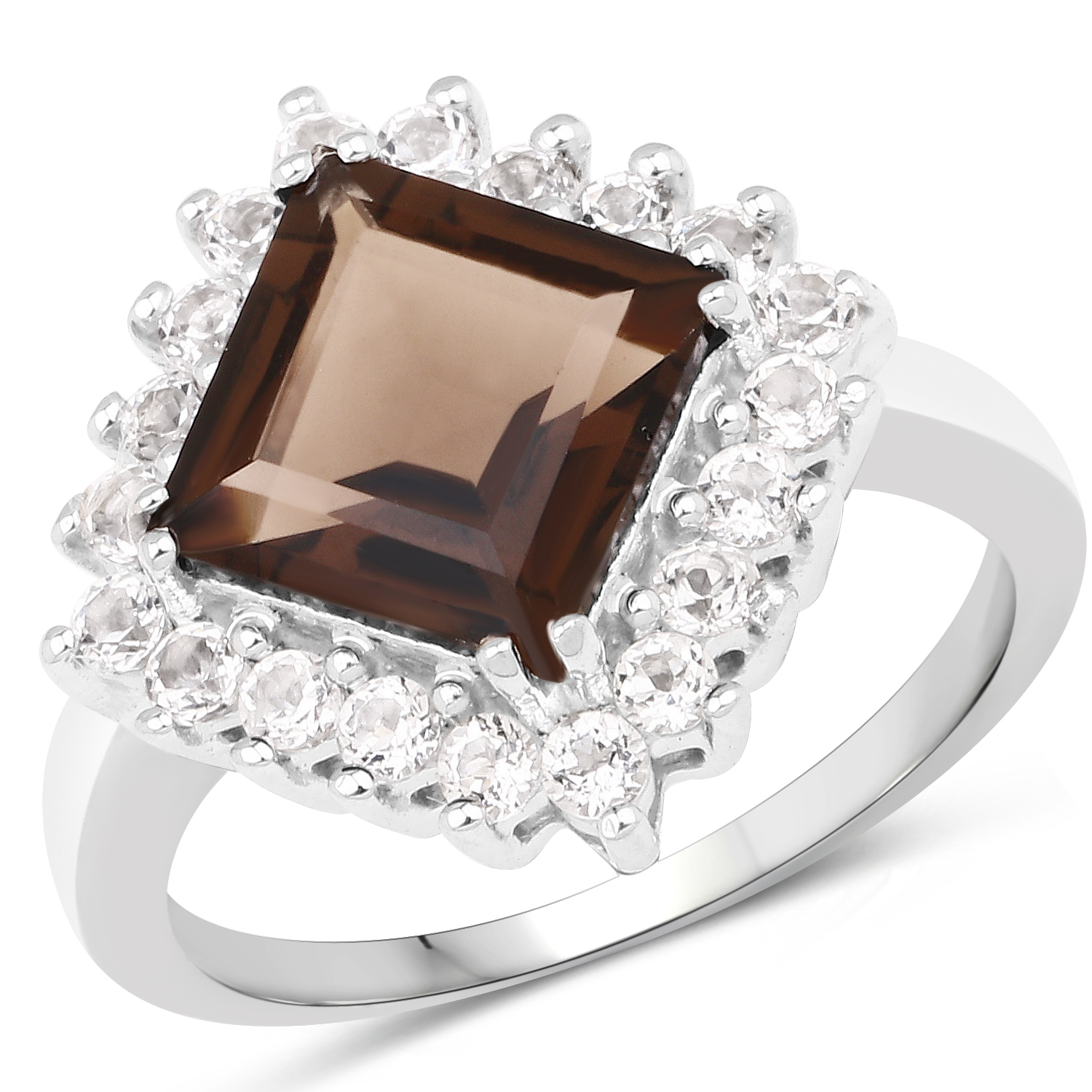 2.59 Carat Genuine Smoky Quartz and White Topaz .925 Sterling Silver Ring