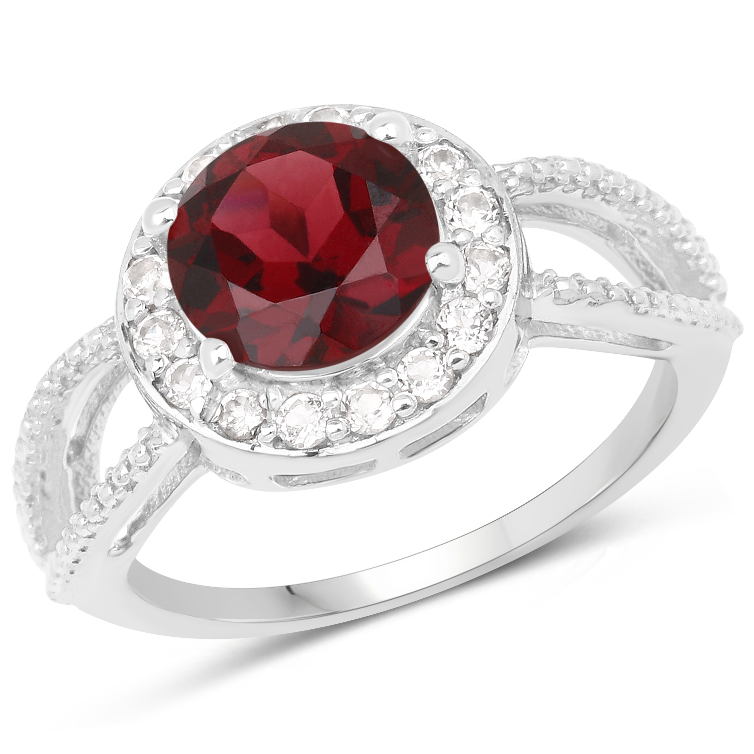 2.21 Carat Genuine Garnet and White Topaz .925 Sterling Silver Ring