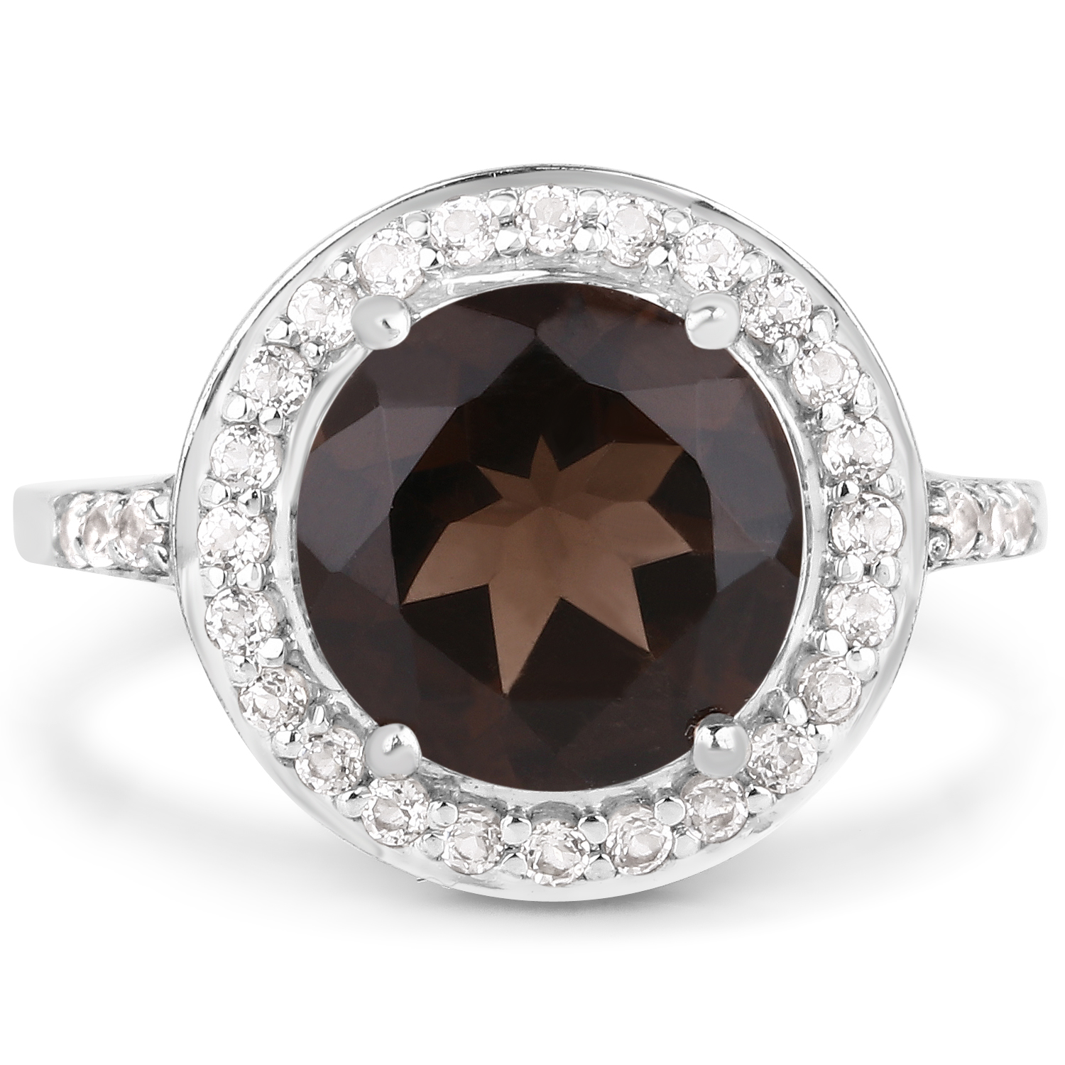 3.52 Carat Genuine Smoky Quartz and White Topaz .925 Sterling Silver Ring