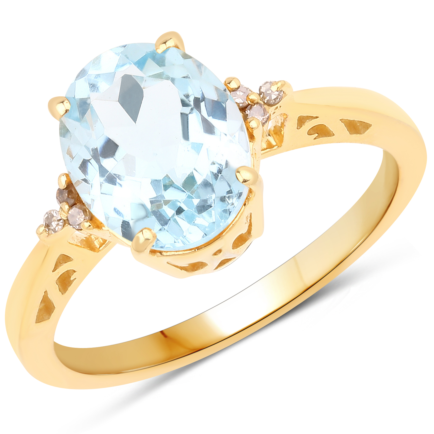 14K Yellow Gold Plated 3.28 Carat Genuine Blue Topaz and White Diamond .925 Sterling Silver Ring