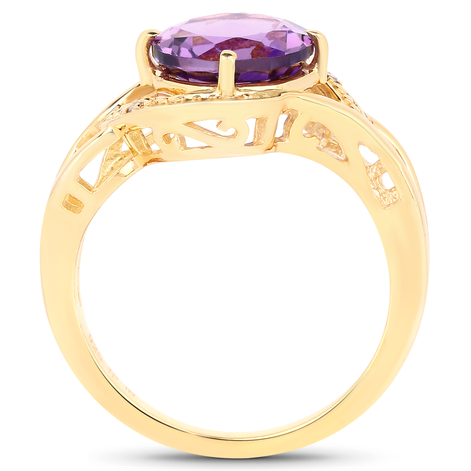 14K Yellow Gold Plated 2.39 Carat Genuine Amethyst and White Diamond .925 Sterling Silver Ring