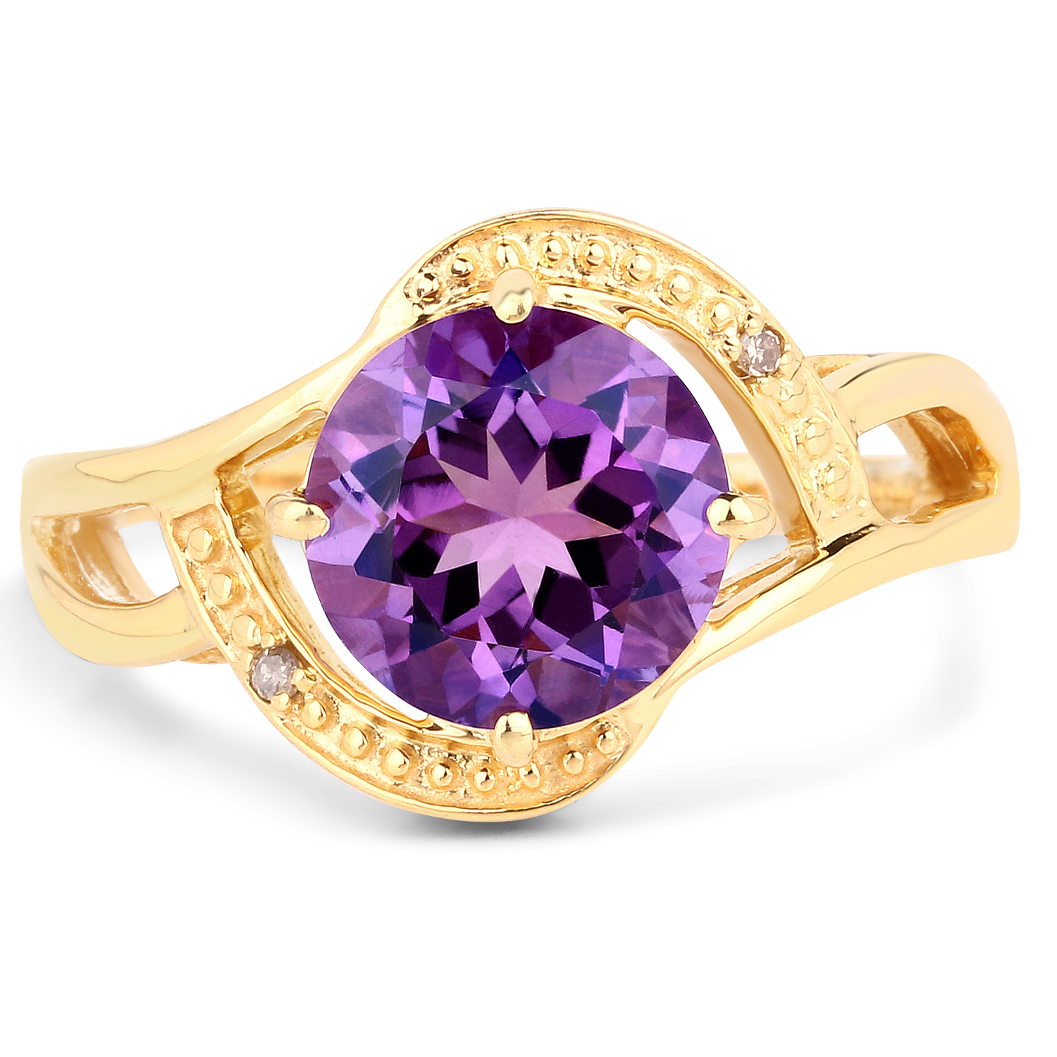 14K Yellow Gold Plated 2.39 Carat Genuine Amethyst and White Diamond .925 Sterling Silver Ring