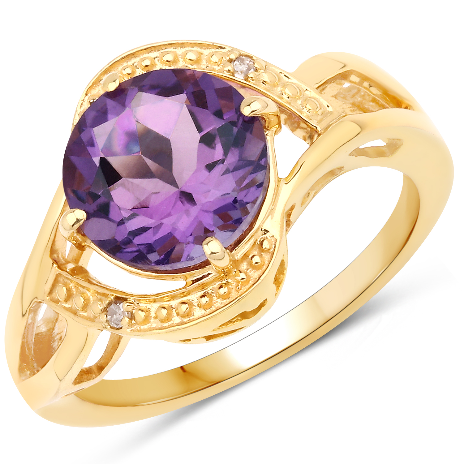 14K Yellow Gold Plated 2.39 Carat Genuine Amethyst and White Diamond .925 Sterling Silver Ring