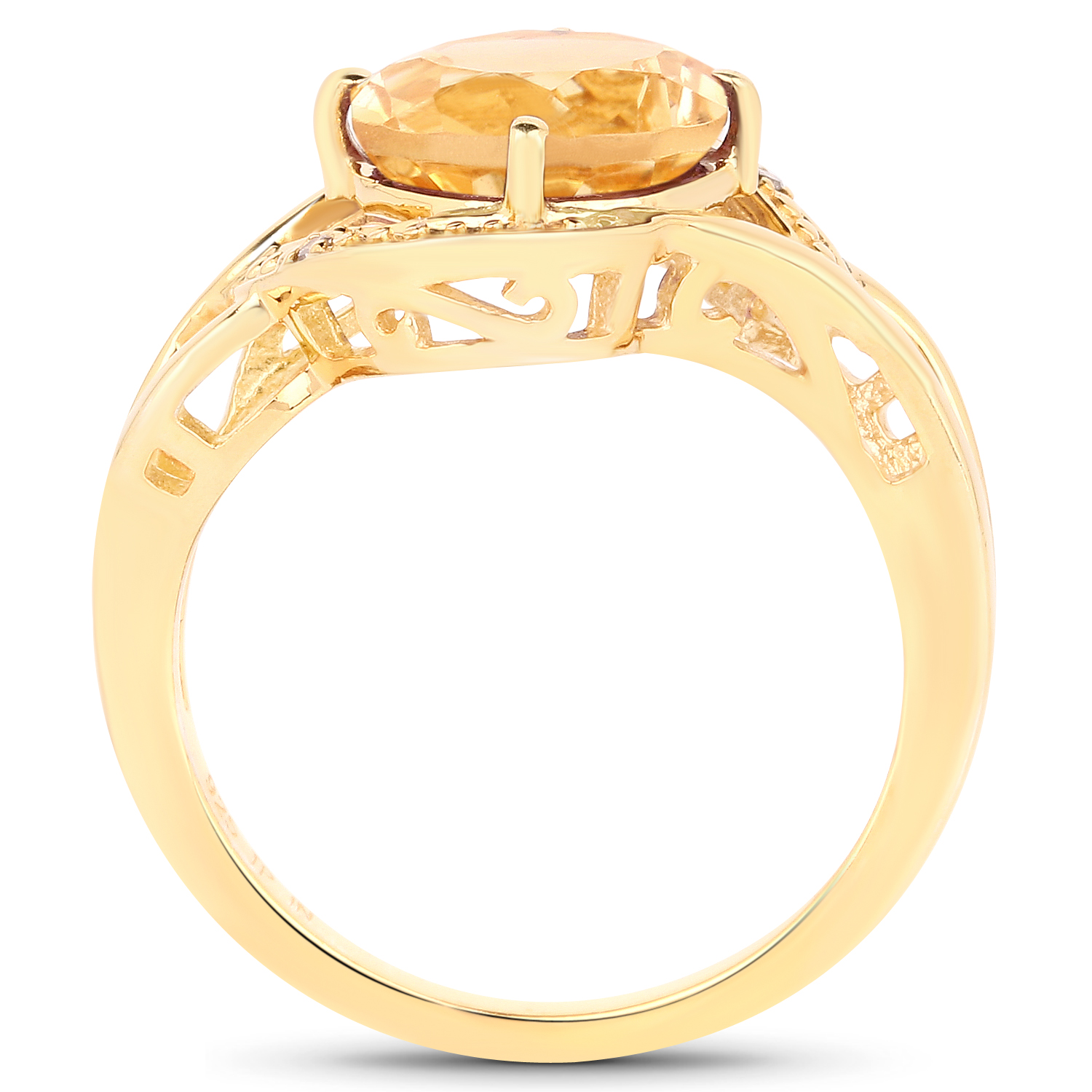 14K Yellow Gold Plated 2.41 Carat Genuine Citrine and White Diamond .925 Sterling Silver Ring