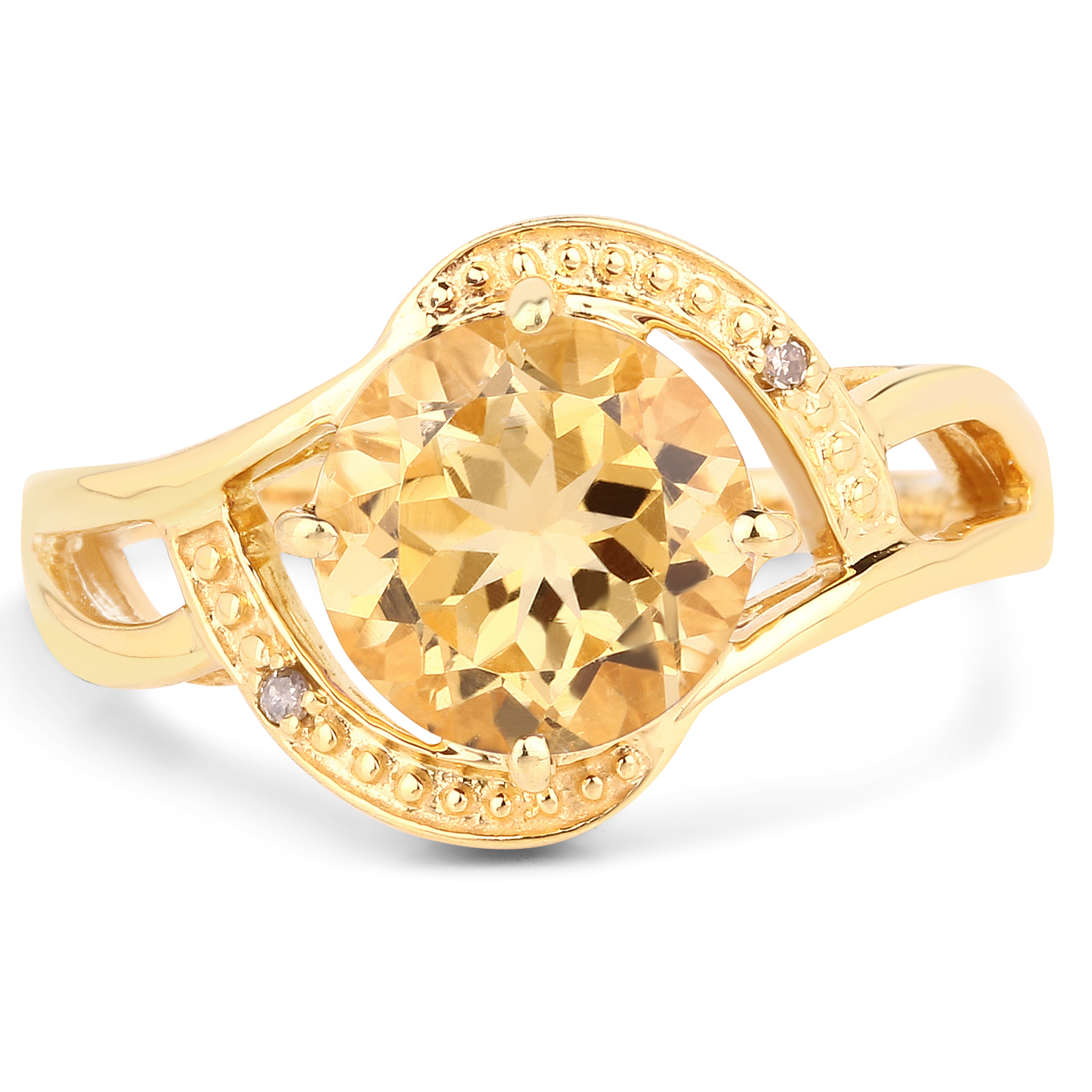 14K Yellow Gold Plated 2.41 Carat Genuine Citrine and White Diamond .925 Sterling Silver Ring