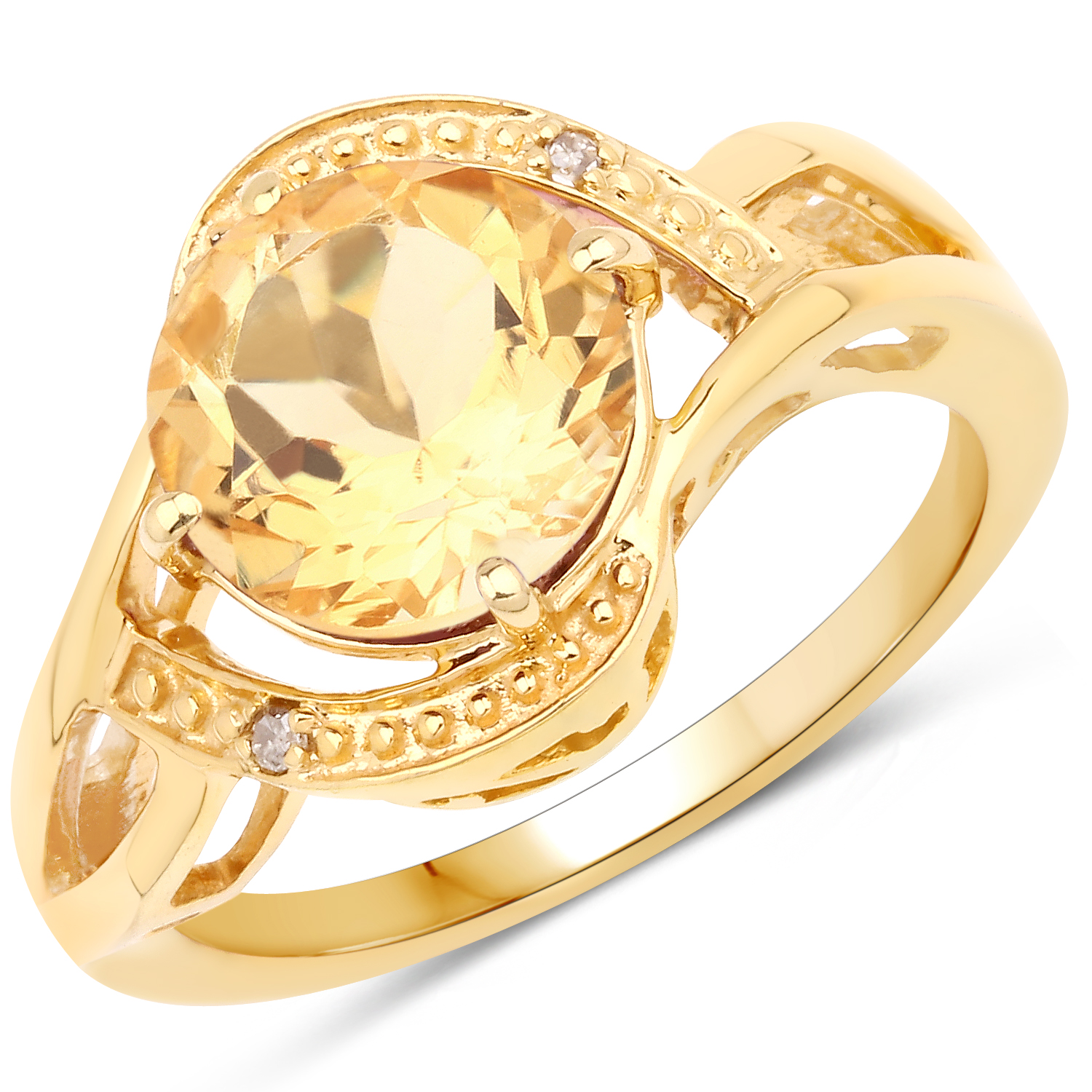 14K Yellow Gold Plated 2.41 Carat Genuine Citrine and White Diamond .925 Sterling Silver Ring