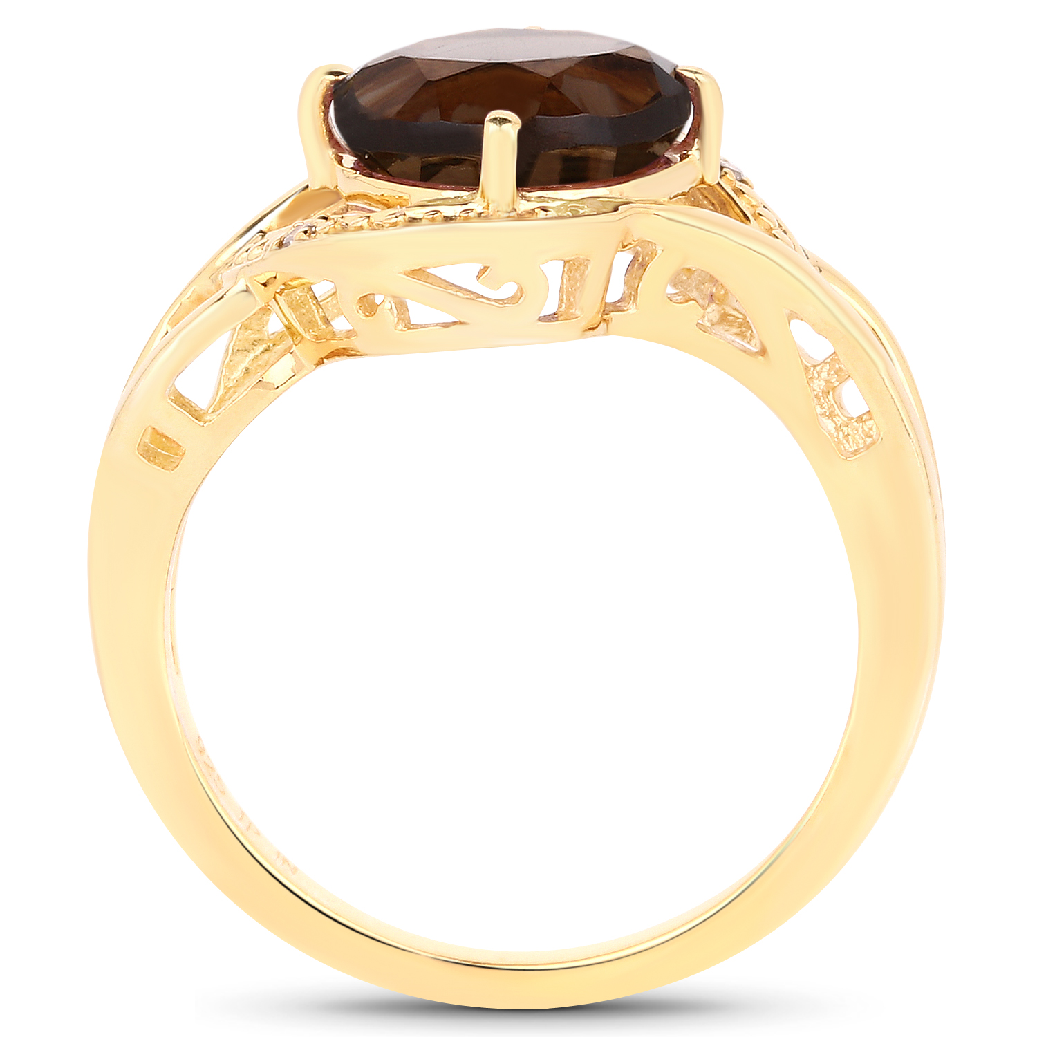 14K Yellow Gold Plated 2.42 Carat Genuine Smoky Quartz and White Diamond .925 Sterling Silver Ring