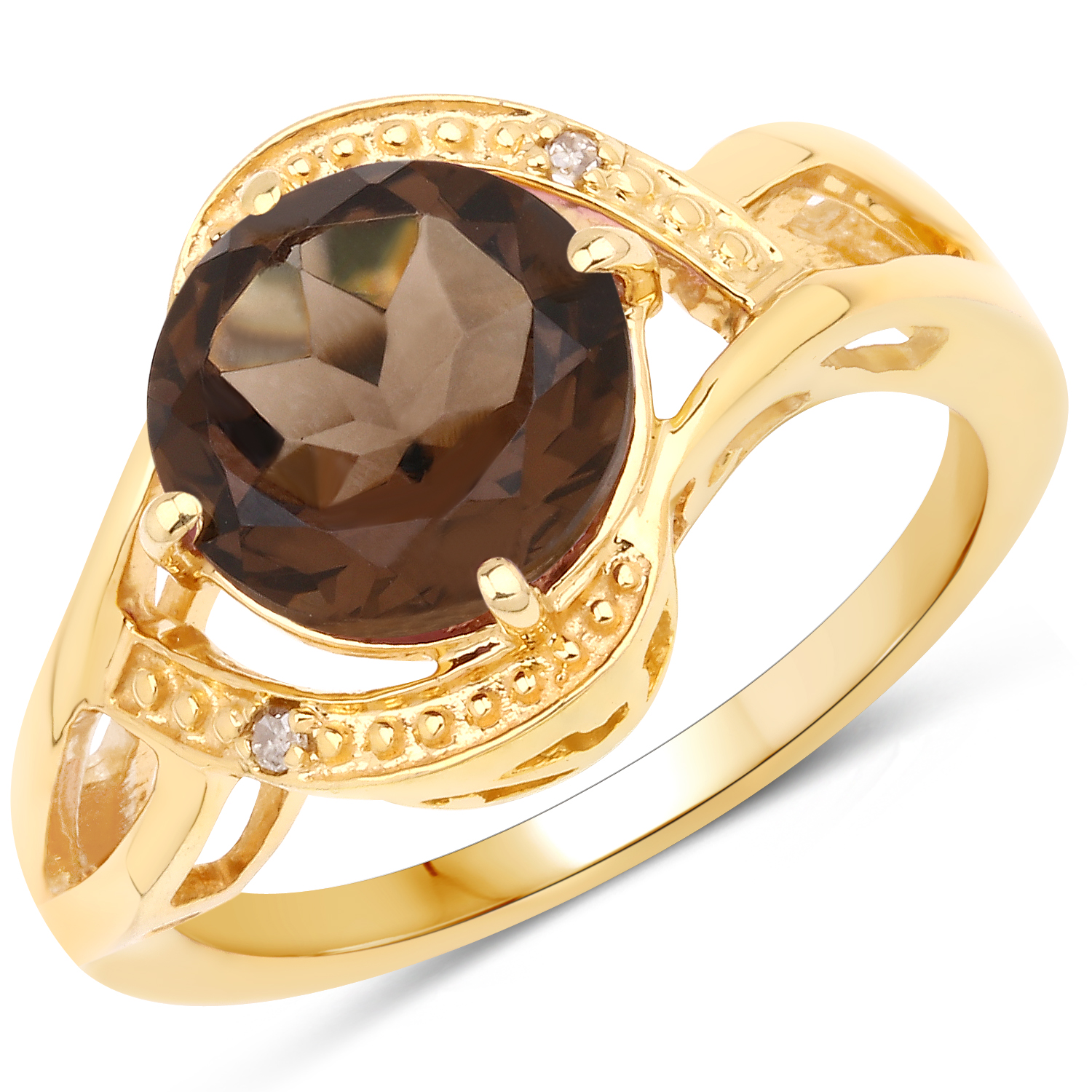 14K Yellow Gold Plated 2.42 Carat Genuine Smoky Quartz and White Diamond .925 Sterling Silver Ring