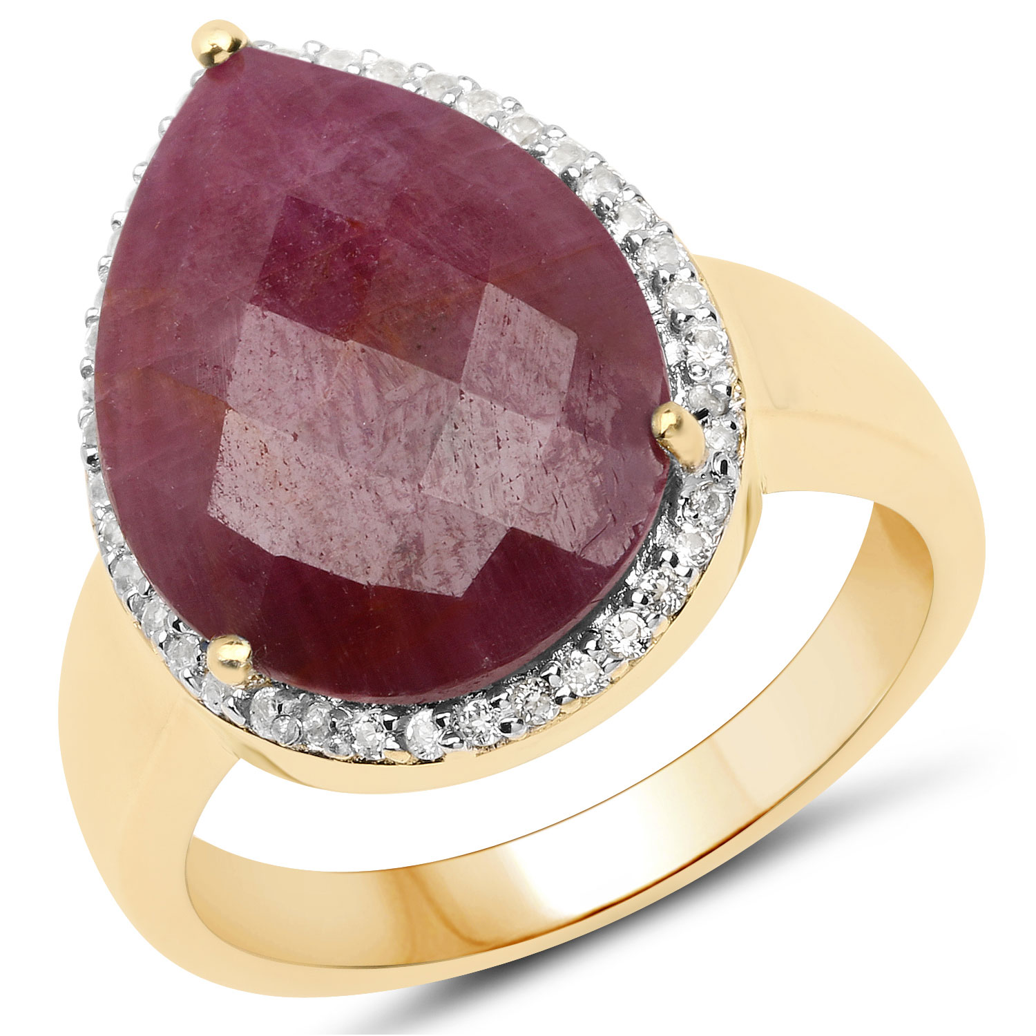 18K Yellow Gold Plated 9.30 Carat Genuine Ruby and White Topaz .925 Sterling Silver Ring