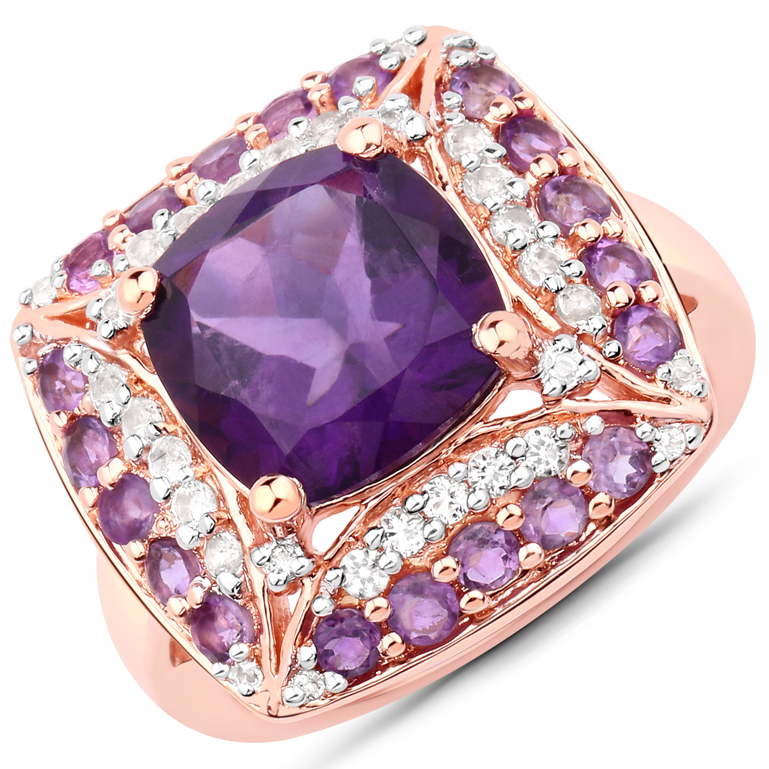 4.64 Carat Genuine Amethyst and White Topaz .925 Sterling Silver Ring