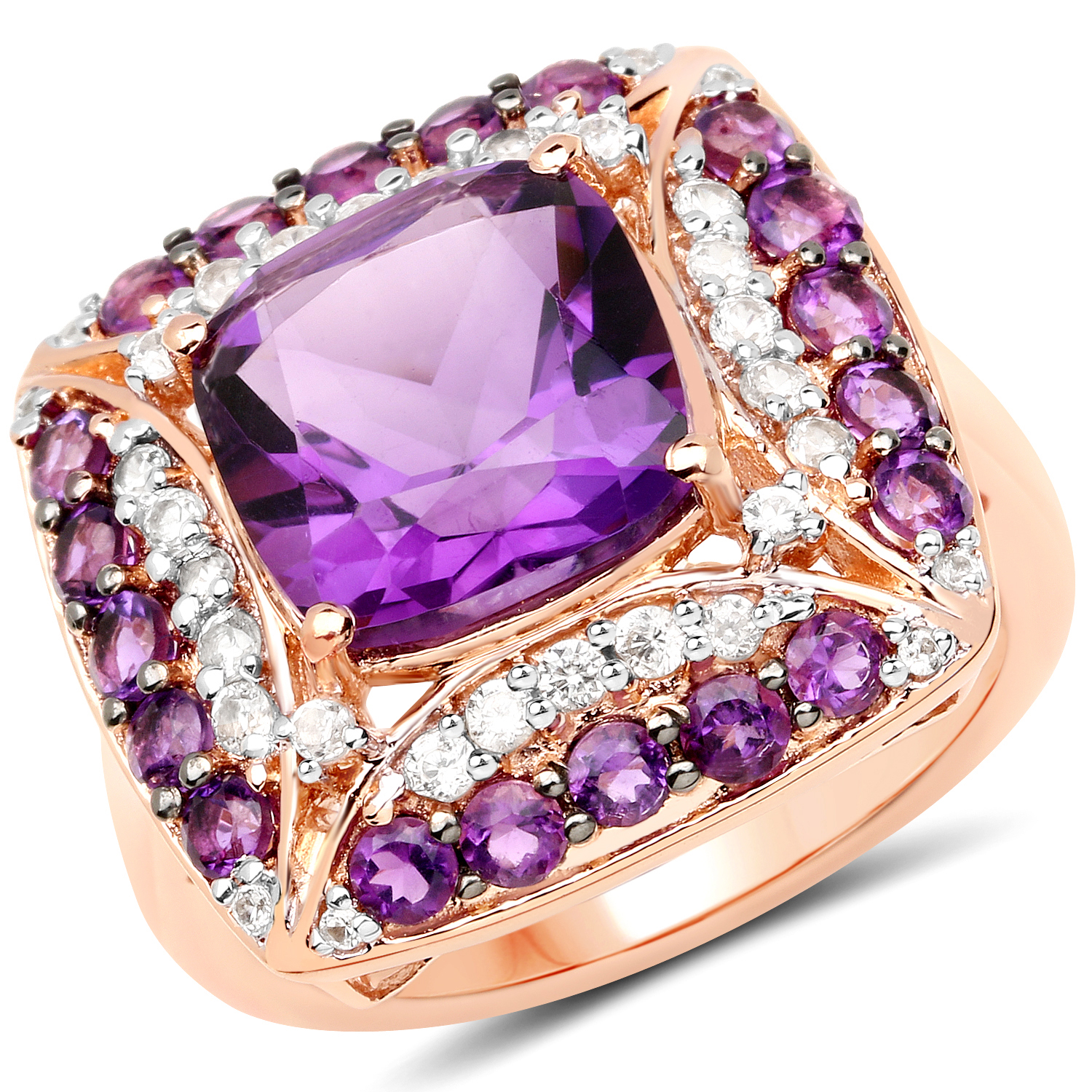 14K Rose Gold Plated 5.32 Carat Genuine Amethyst and White Zircon .925 Sterling Silver Ring