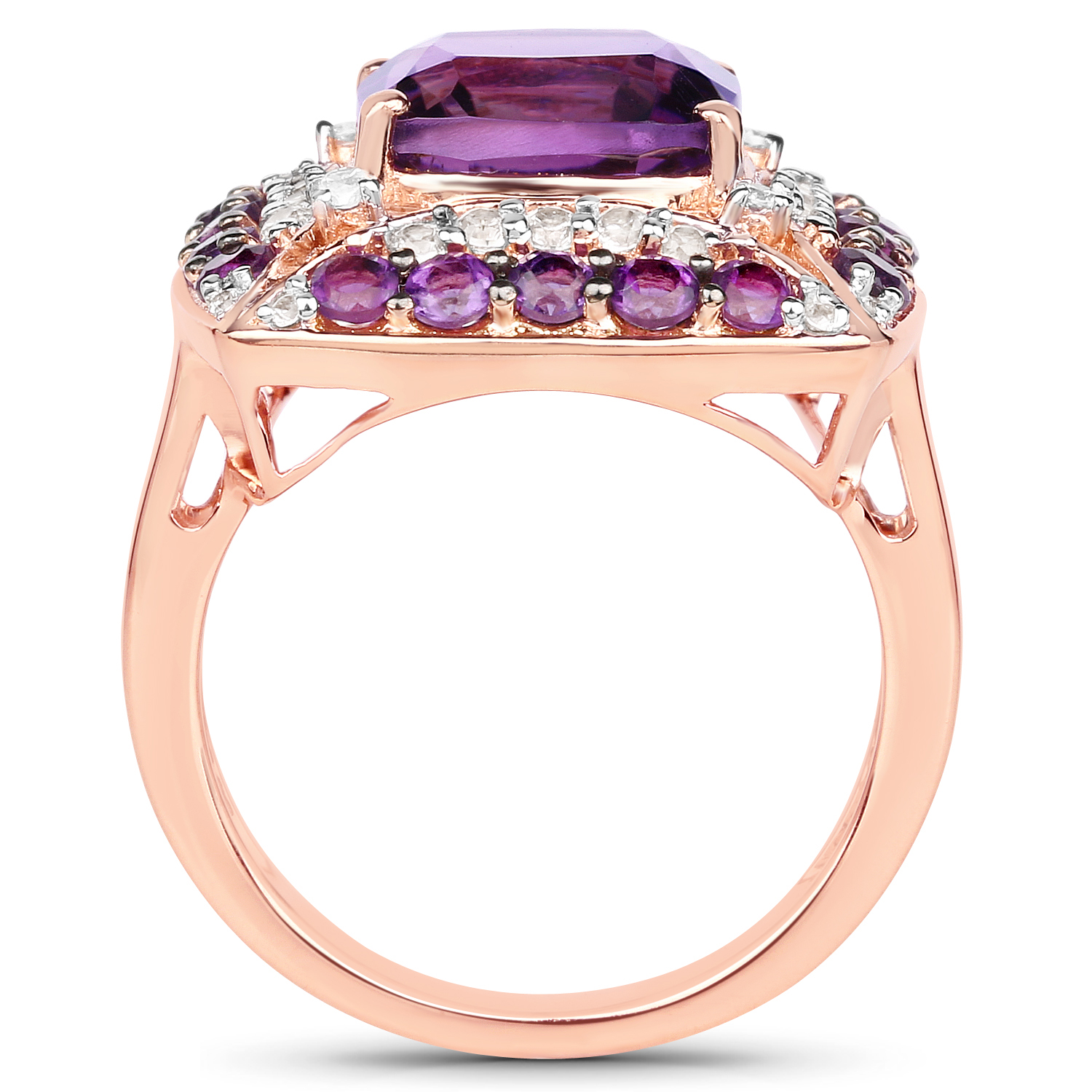 14K Rose Gold Plated 5.32 Carat Genuine Amethyst and White Zircon .925 Sterling Silver Ring