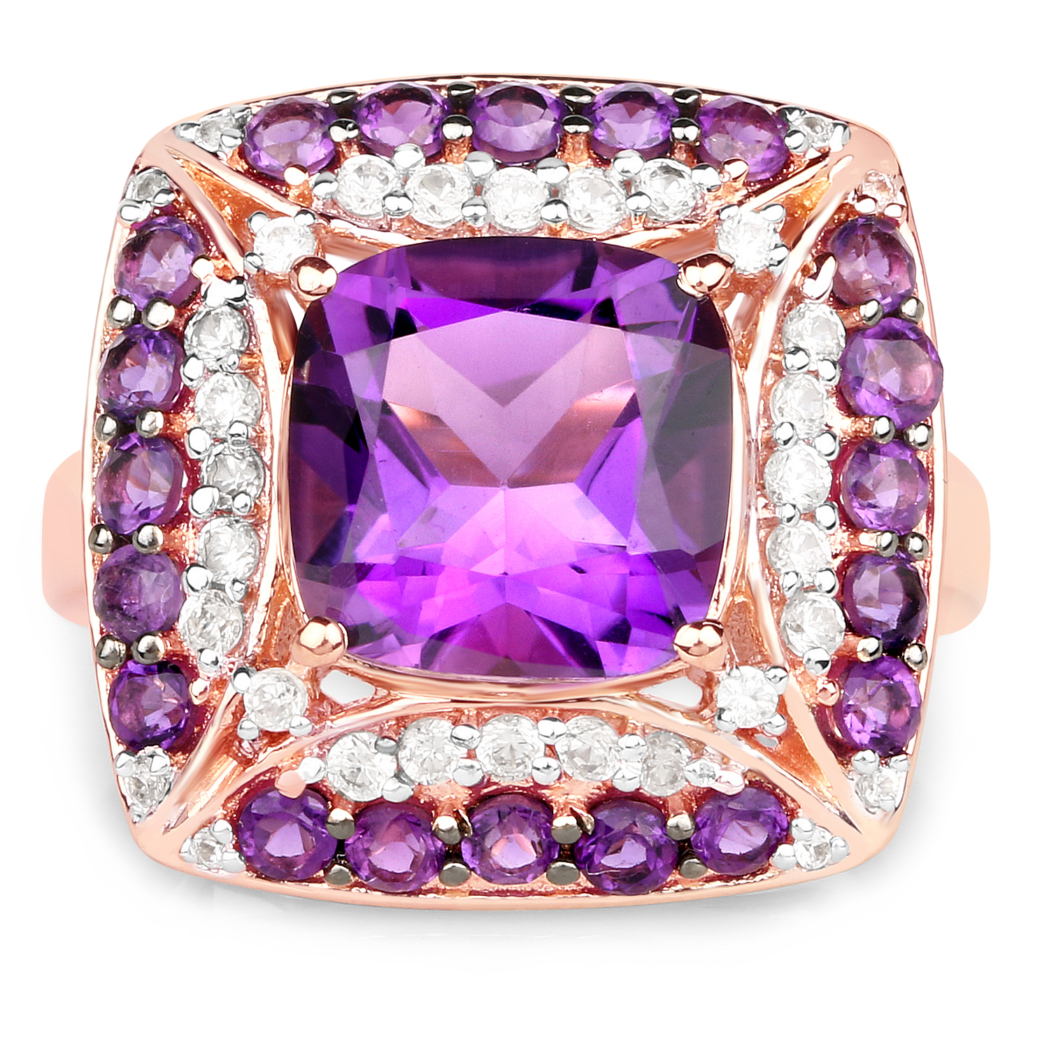14K Rose Gold Plated 5.32 Carat Genuine Amethyst and White Zircon .925 Sterling Silver Ring