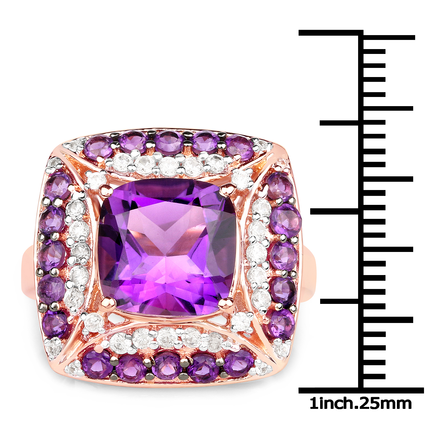 14K Rose Gold Plated 5.32 Carat Genuine Amethyst and White Zircon .925 Sterling Silver Ring