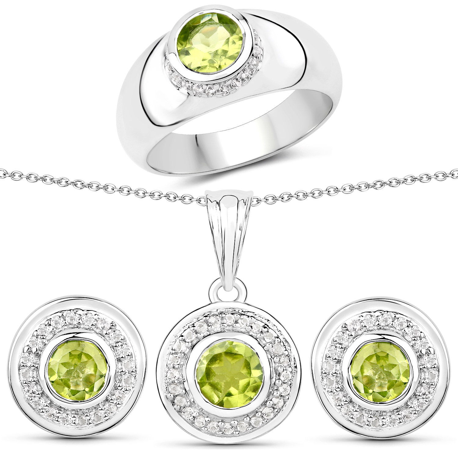 3.08 Carat Genuine Peridot and White Topaz .925 Sterling Silver 3 Piece Jewelry Set (Ring, Earrings, and Pendant w/ Chain)