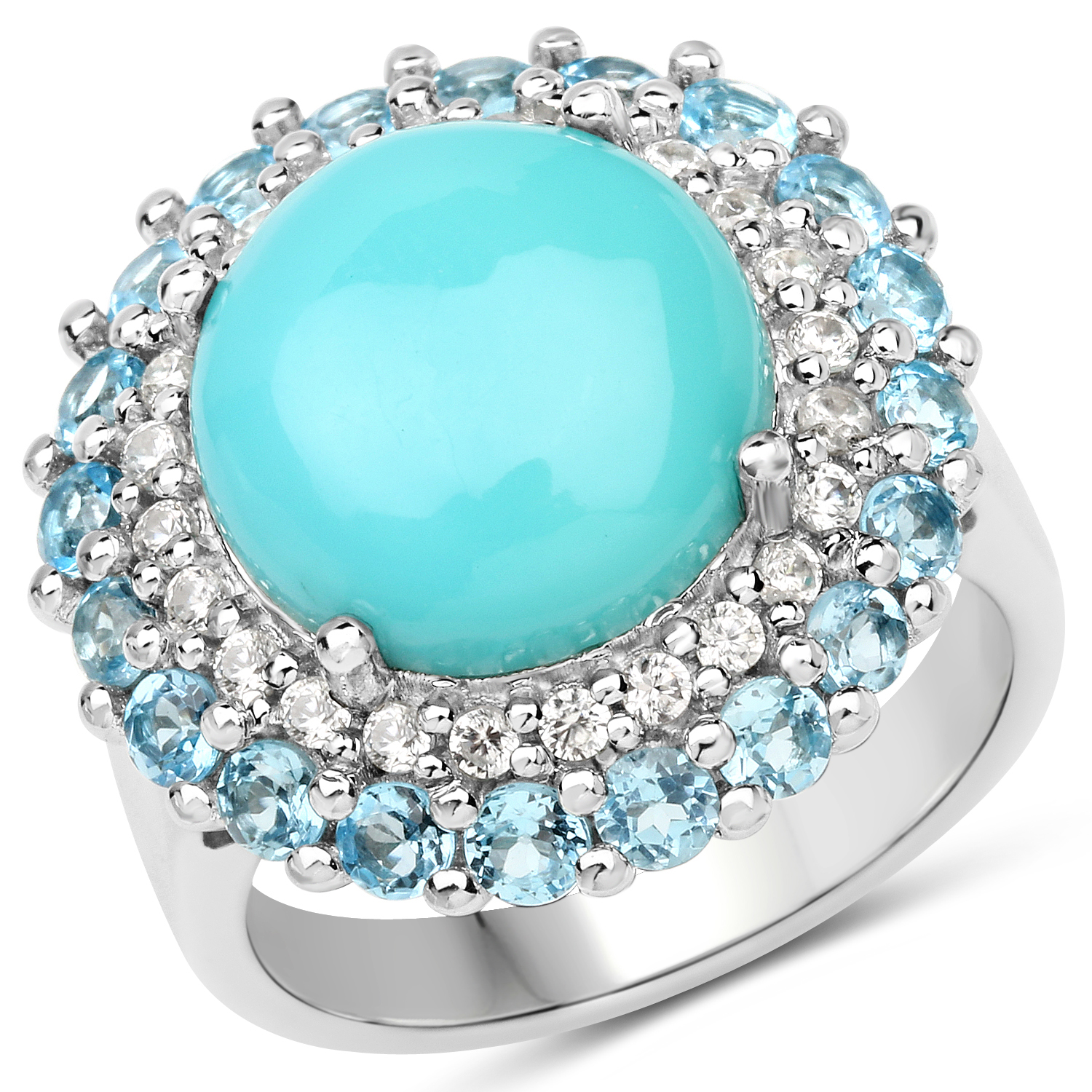 6.70 Carat Genuine Turquoise, Swiss Blue Topaz and White Zircon .925 Sterling Silver Ring