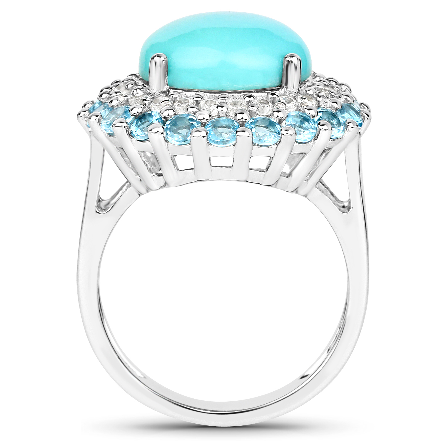 6.70 Carat Genuine Turquoise, Swiss Blue Topaz and White Zircon .925 Sterling Silver Ring