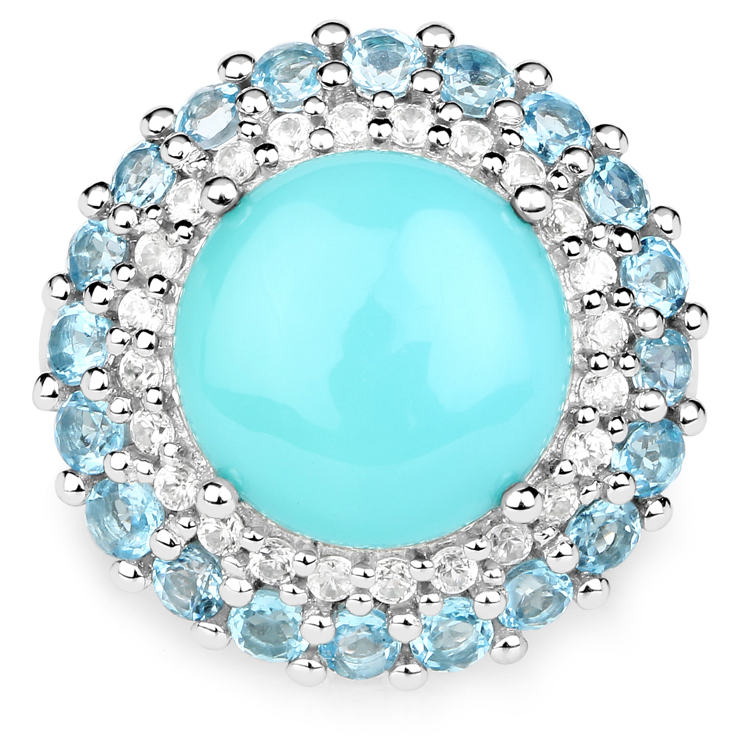 6.70 Carat Genuine Turquoise, Swiss Blue Topaz and White Zircon .925 Sterling Silver Ring