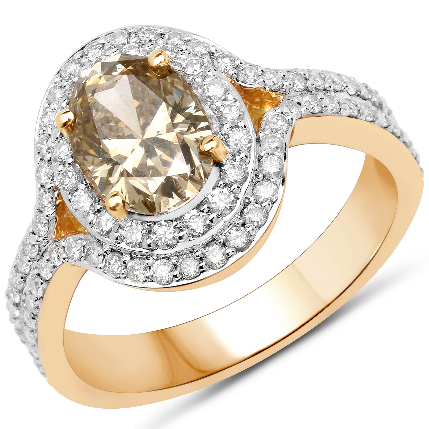 18K Yellow Gold 2.18 Carat Genuine Brown Diamond and White Diamond Ring
