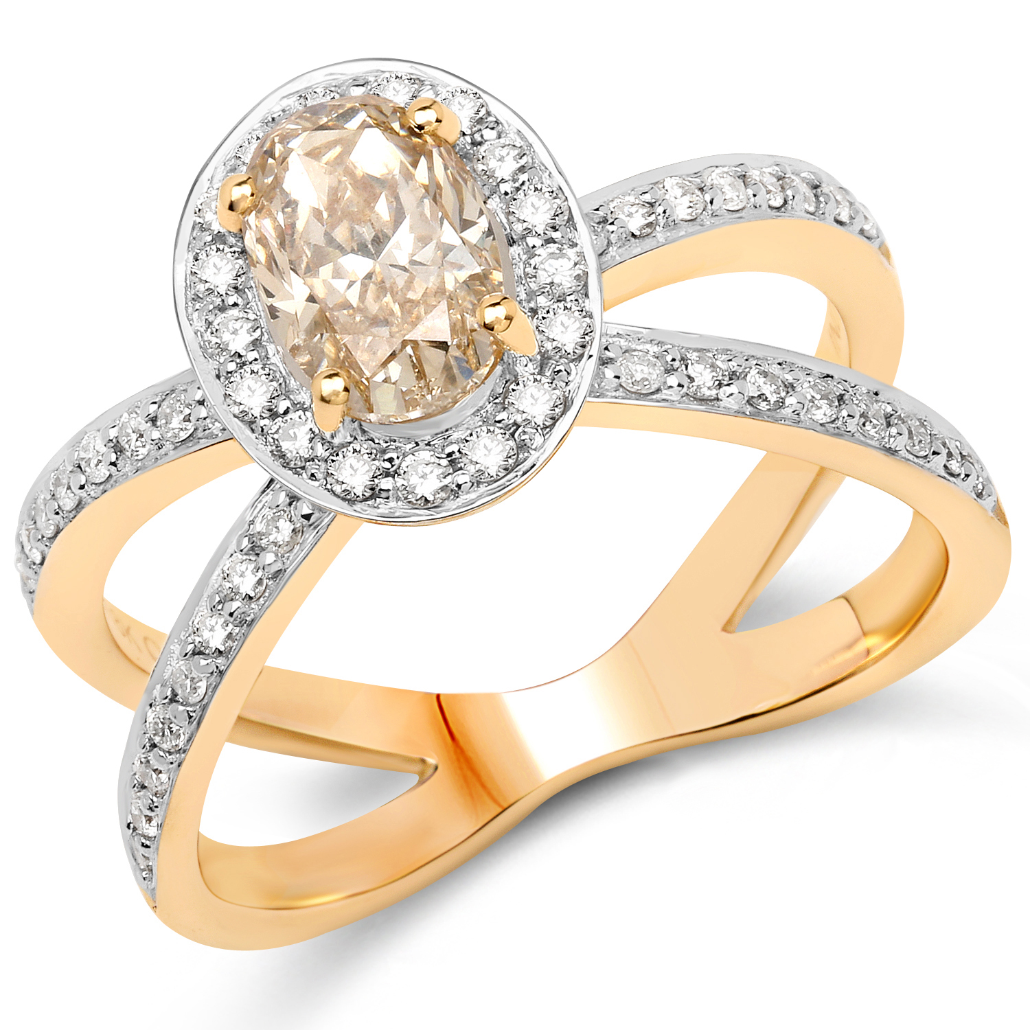 18K Yellow Gold 1.54 Carat Genuine Brown Diamond and White Diamond Ring