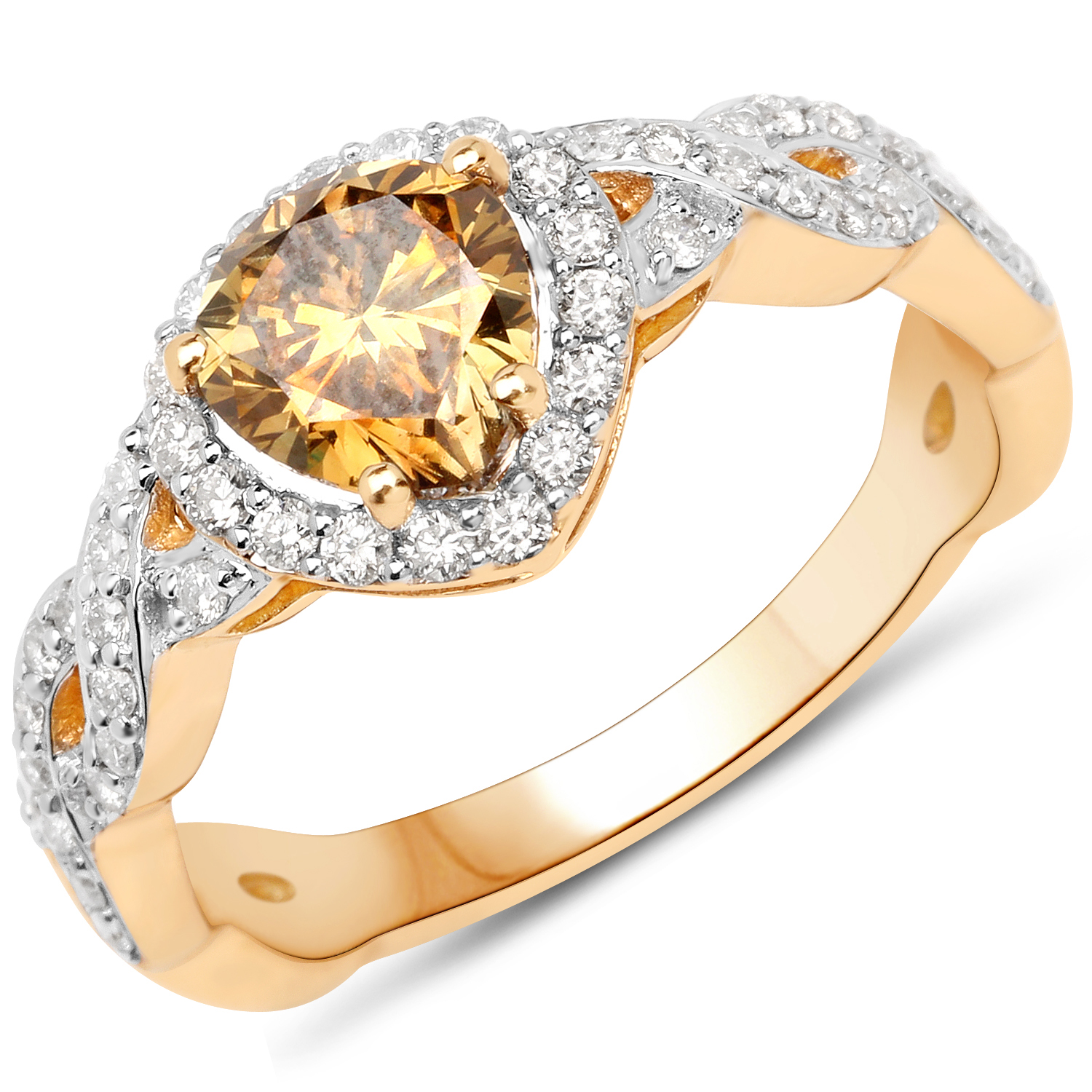 18K Yellow Gold 1.43 Carat Genuine Brown Diamond and White Diamond Ring