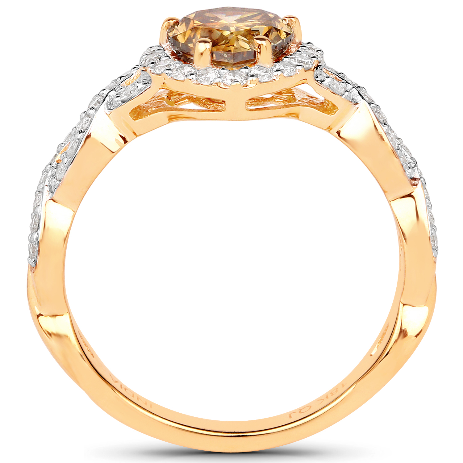 18K Yellow Gold 1.43 Carat Genuine Brown Diamond and White Diamond Ring