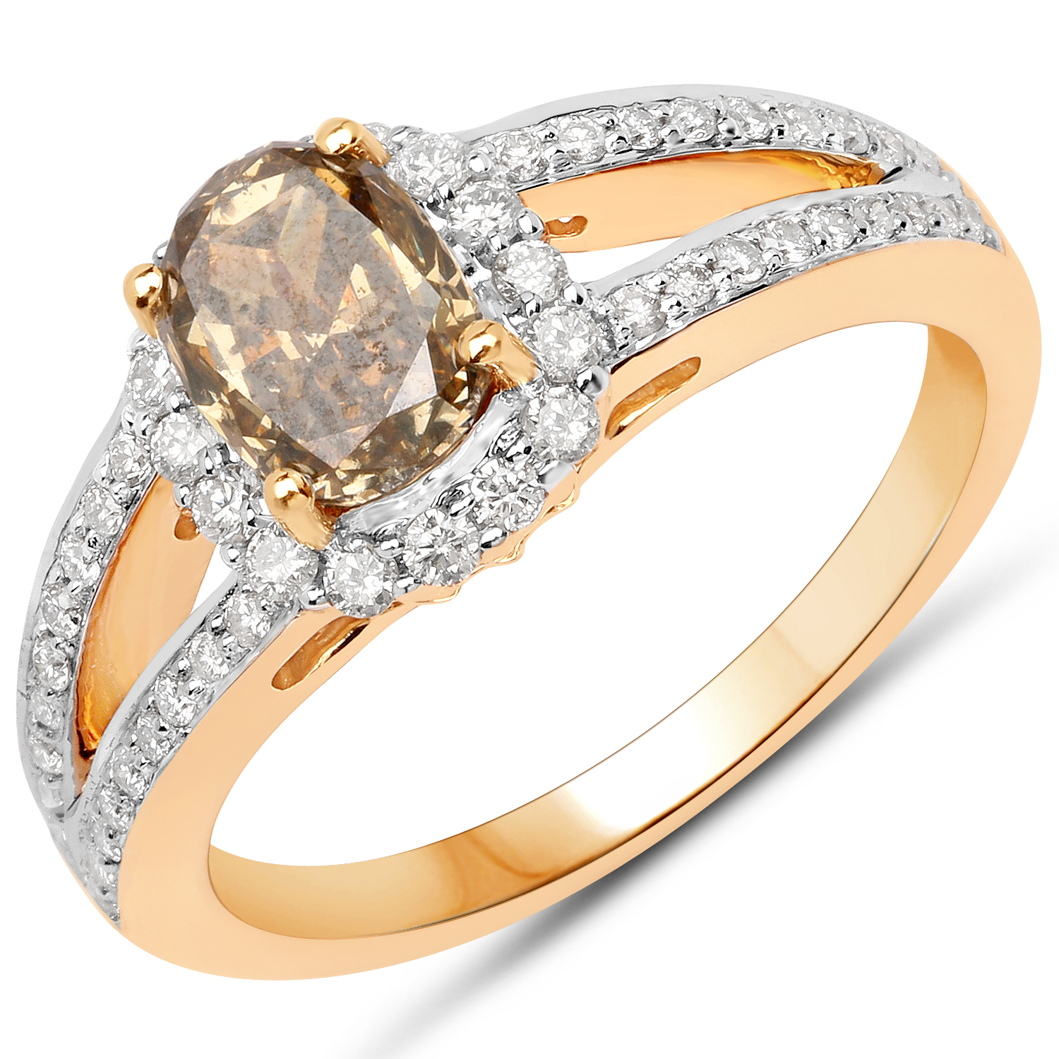 18K Yellow Gold 1.69 Carat Genuine Chocolate Brown Diamond and White Diamond Ring