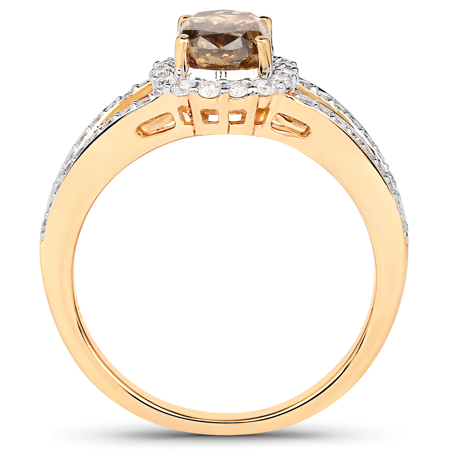 18K Yellow Gold 1.69 Carat Genuine Chocolate Brown Diamond and White Diamond Ring