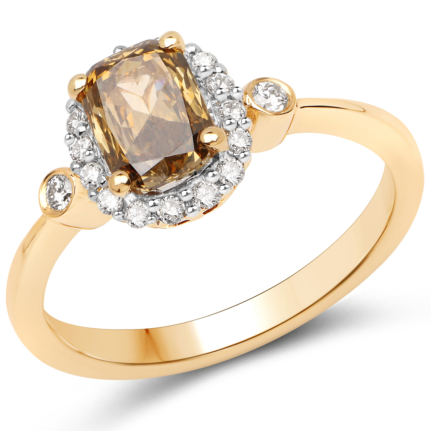 18K Yellow Gold 1.23 Carat Genuine Chocolate Brown Diamond and White Diamond Ring