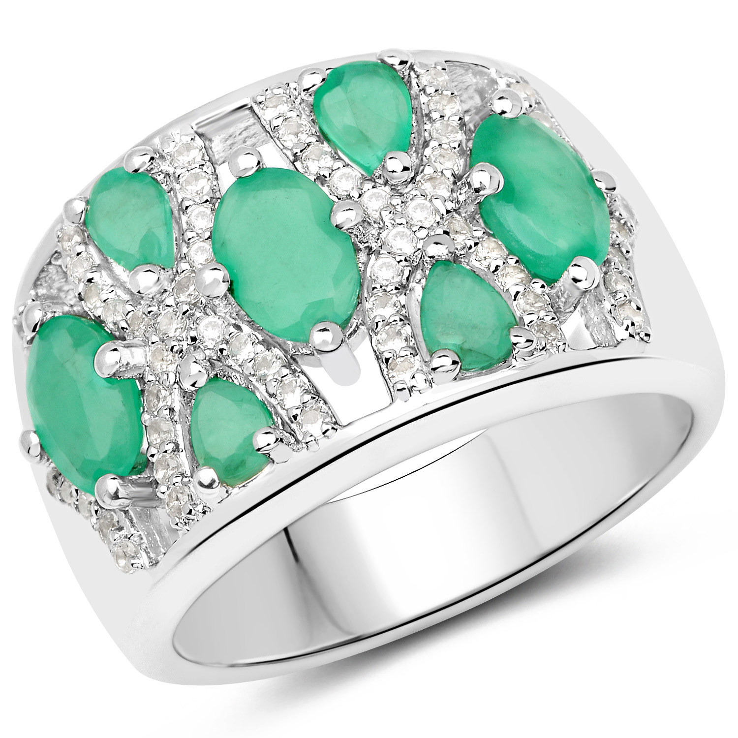 2.24 Carat Genuine Emerald and White Zircon .925 Sterling Silver Ring
