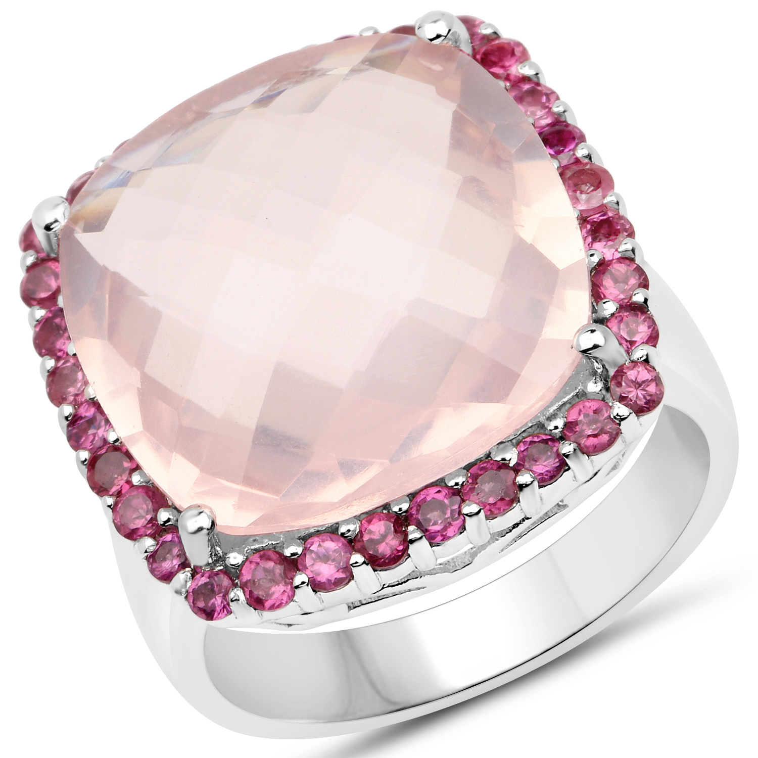 12.48 Carat Genuine Rose Quartz and Rhodolite .925 Sterling Silver Ring