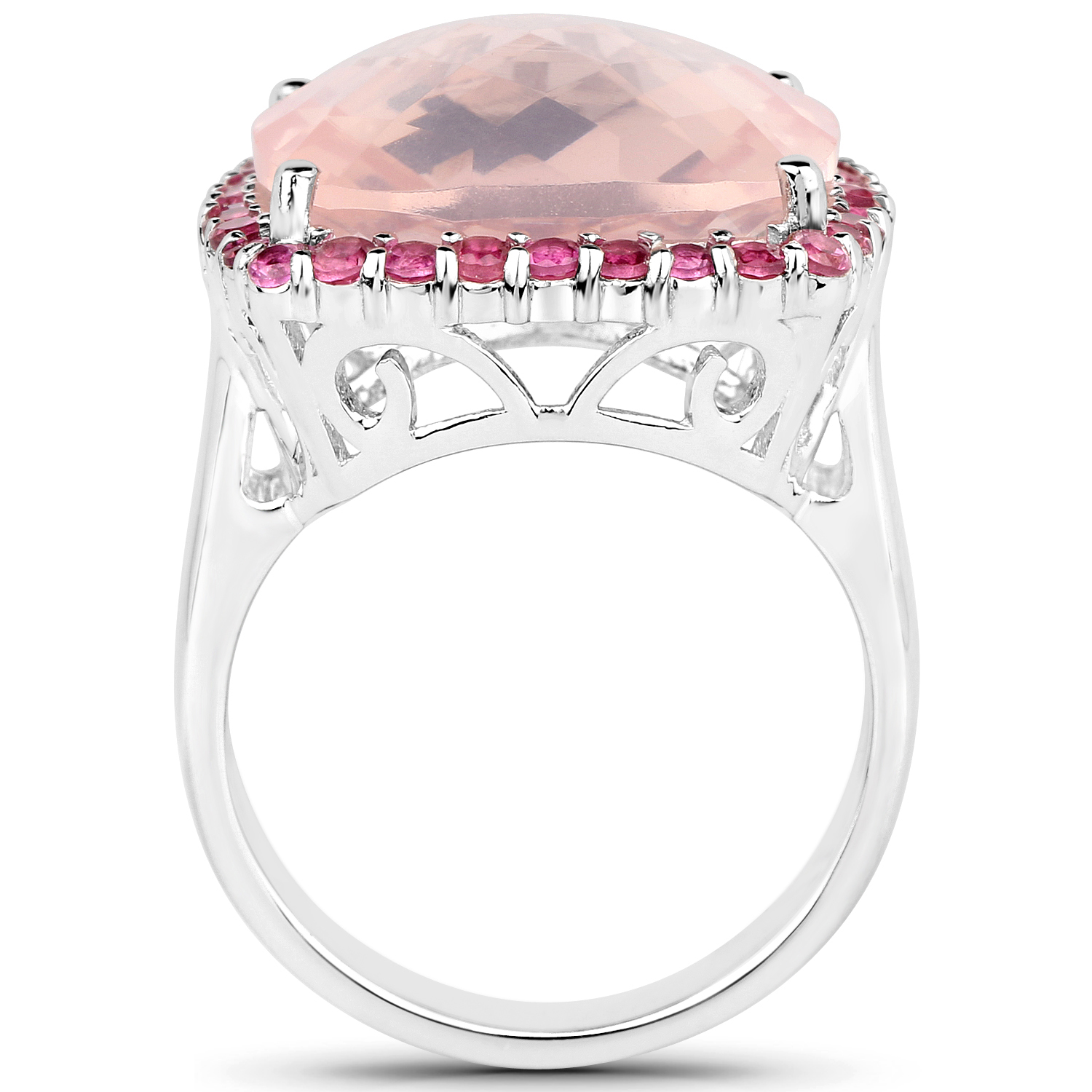 12.48 Carat Genuine Rose Quartz and Rhodolite .925 Sterling Silver Ring