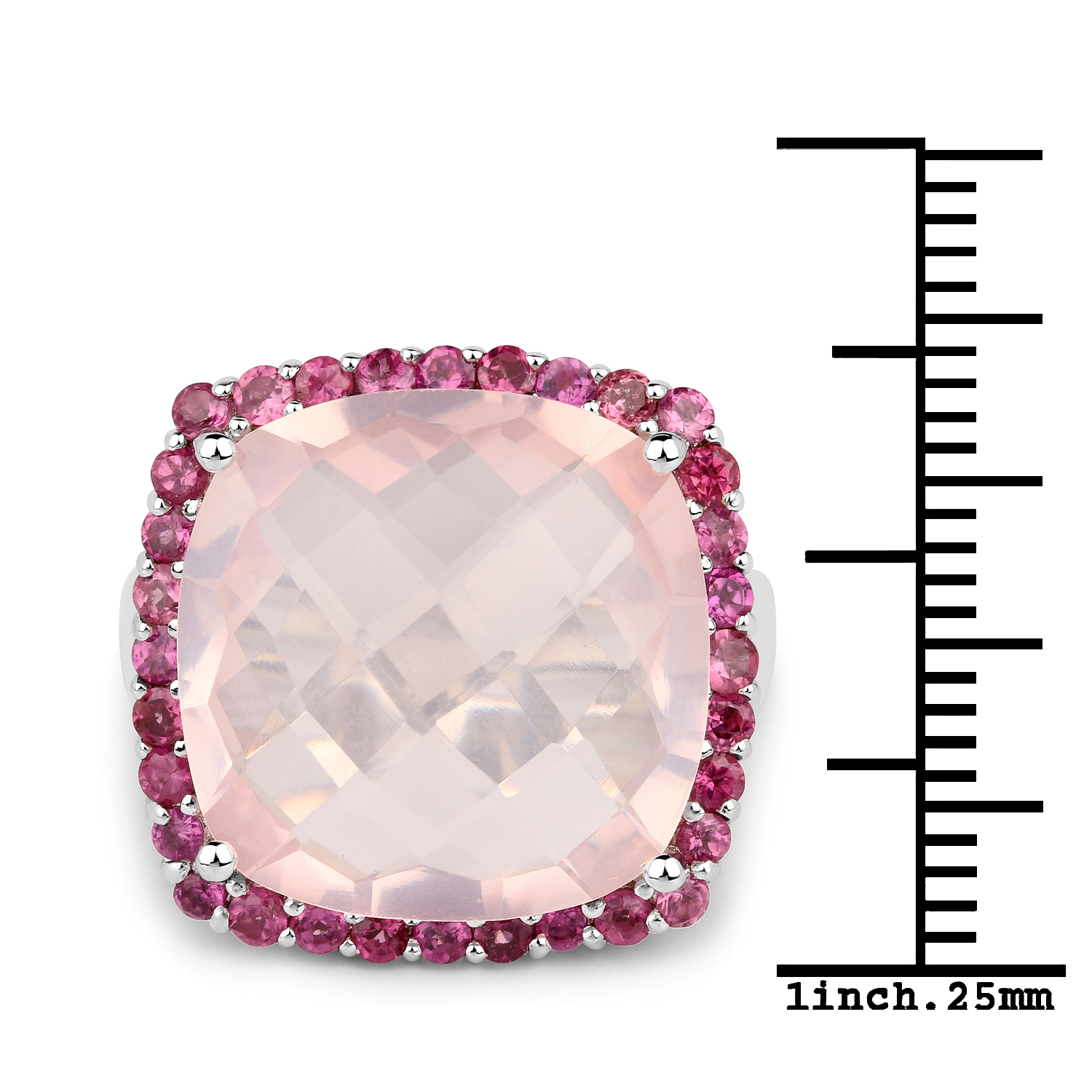 12.48 Carat Genuine Rose Quartz and Rhodolite .925 Sterling Silver Ring