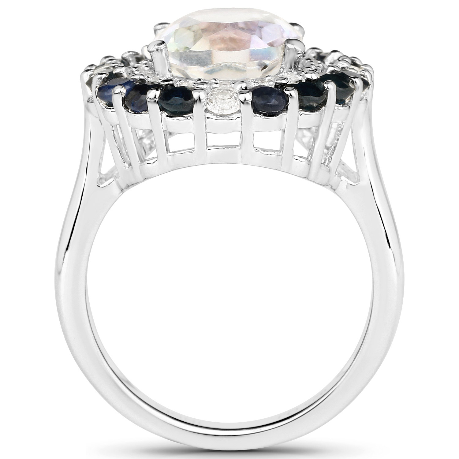 4.95 Carat Genuine White Rainbow Quartz, Blue Sapphire and White Topaz .925 Sterling Silver Ring
