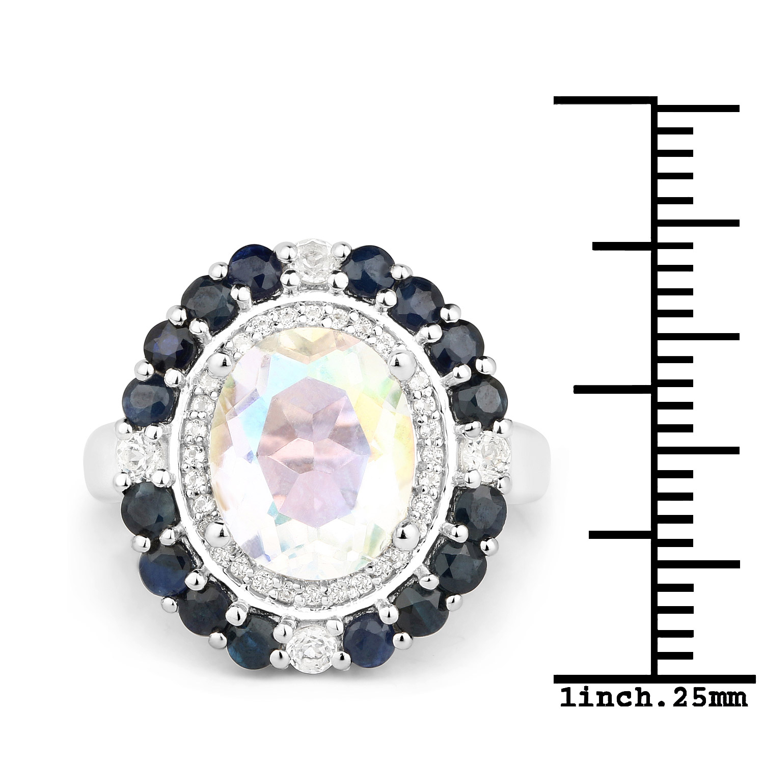 4.95 Carat Genuine White Rainbow Quartz, Blue Sapphire and White Topaz .925 Sterling Silver Ring