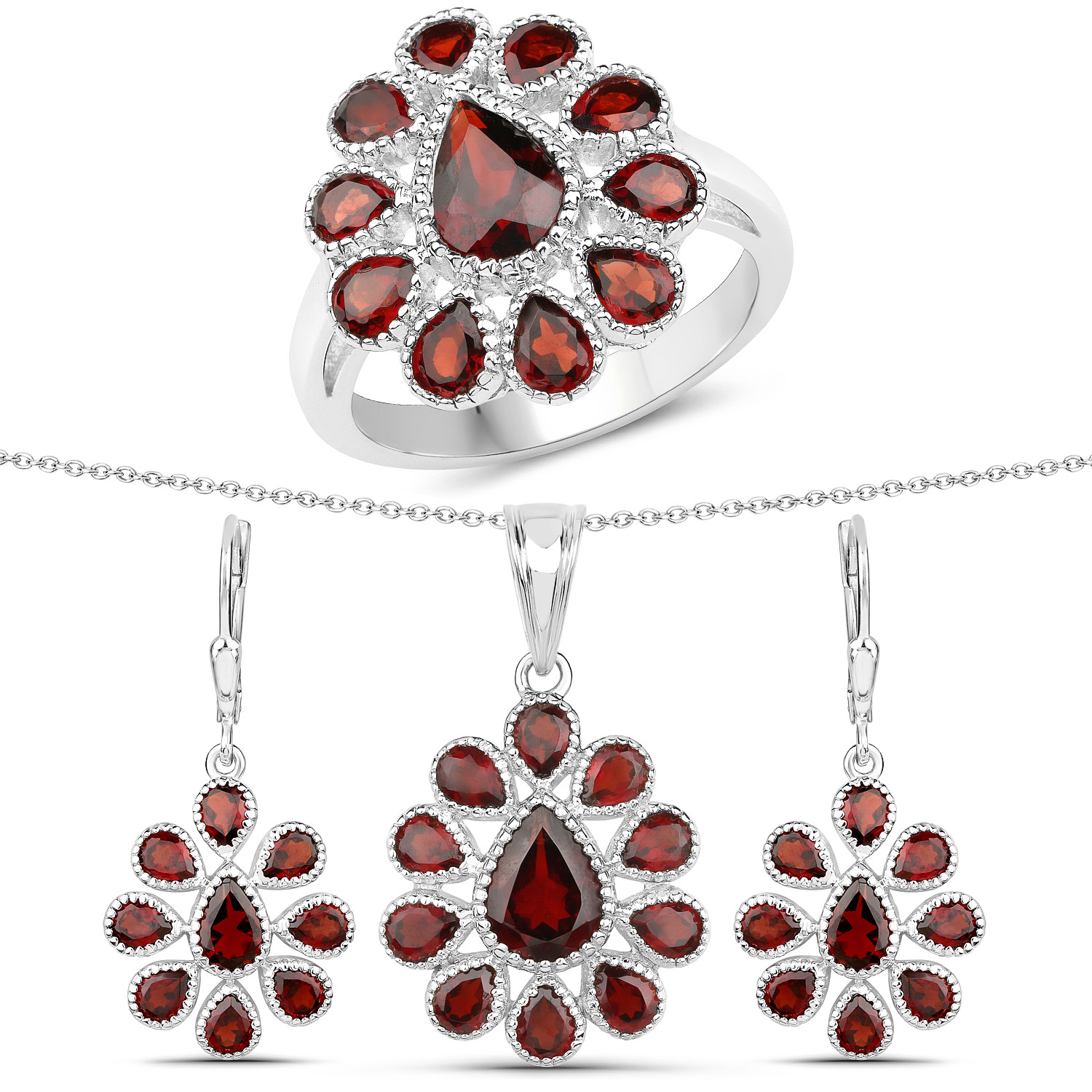 9.98 Carat Genuine Garnet .925 Sterling Silver 3 Piece Jewelry Set (Ring, Earrings, and Pendant w/ Chain)