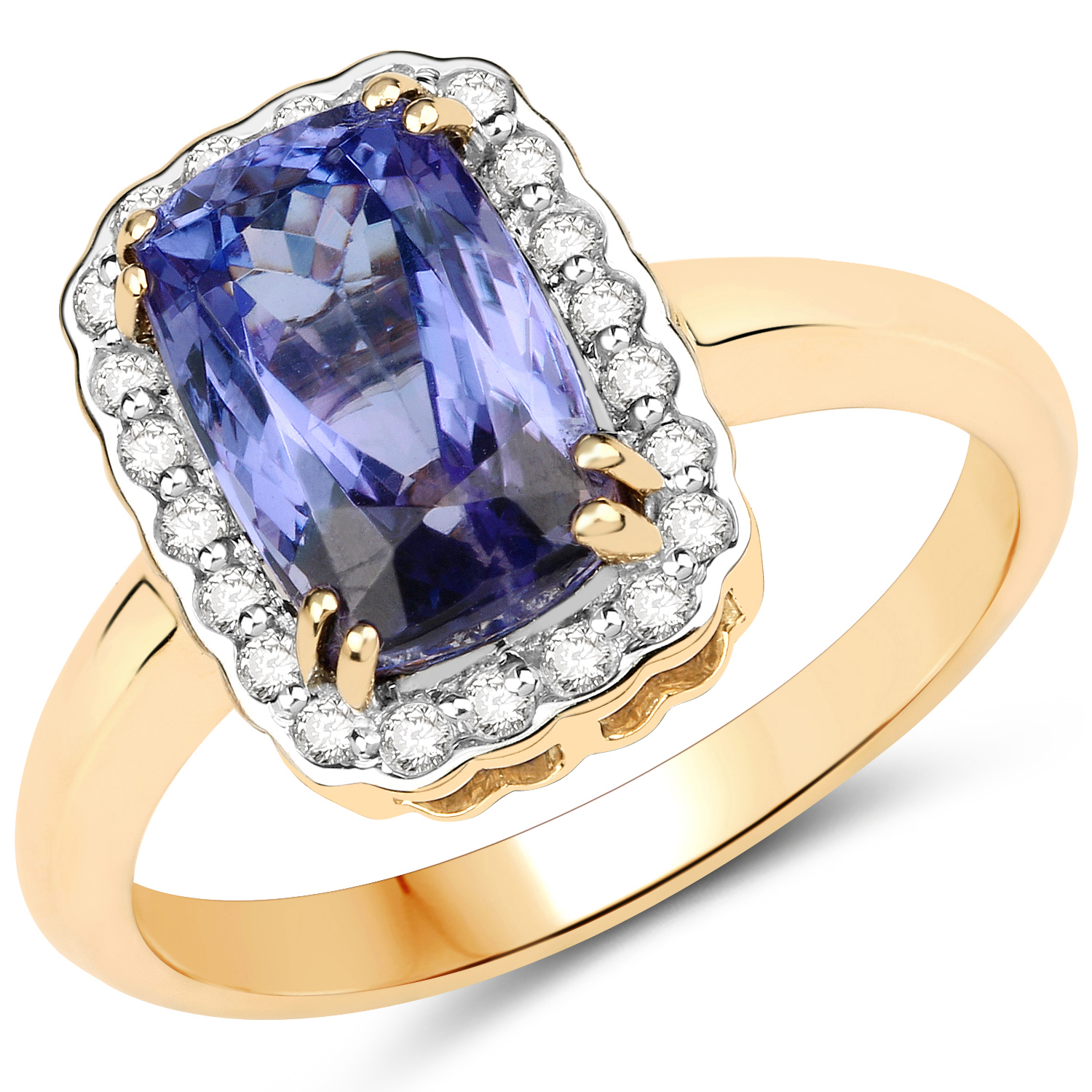 14K Yellow Gold 3.43 Carat Genuine Tanzanite and White Diamond Ring