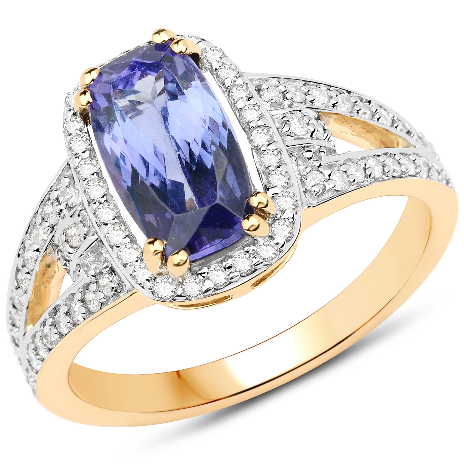14K Yellow Gold 2.51 Carat Genuine Tanzanite and White Diamond Ring